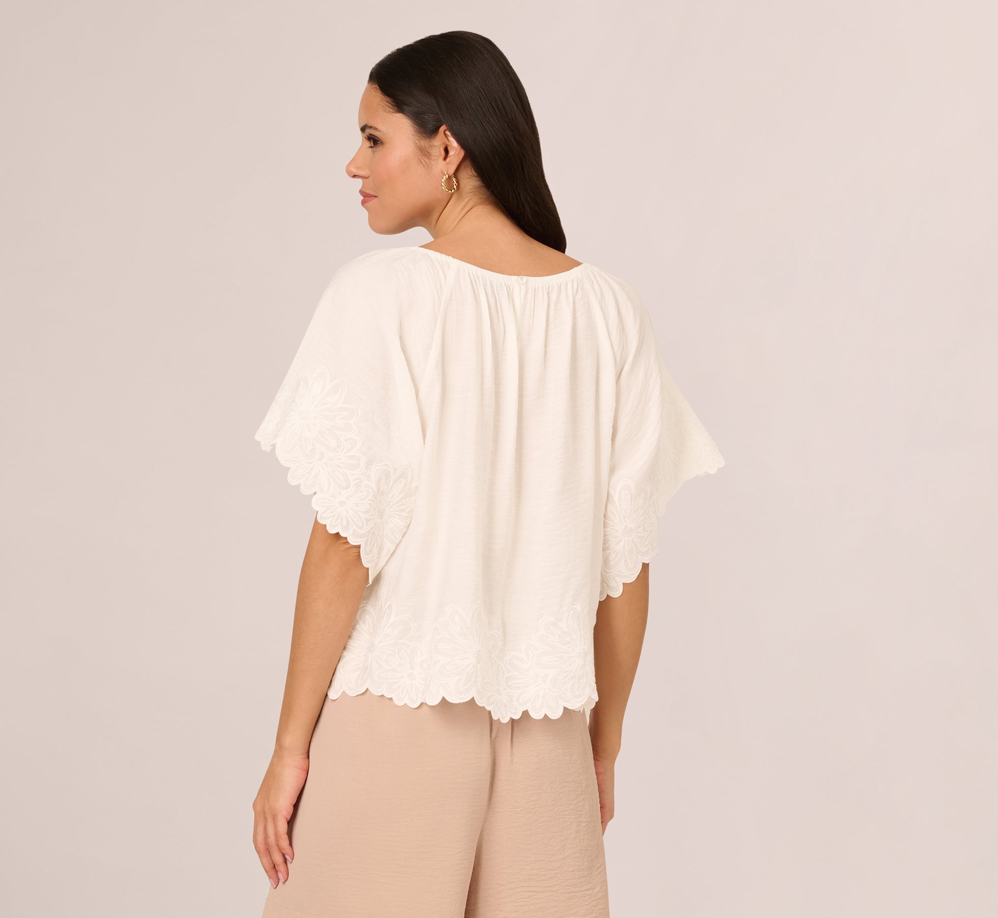 Ivory Short Sleeve Semi-Sheer Scalloped Embroidery Blouse for Women - Perfect for Summer Outfits, Beach Vacations & Boho Fashion