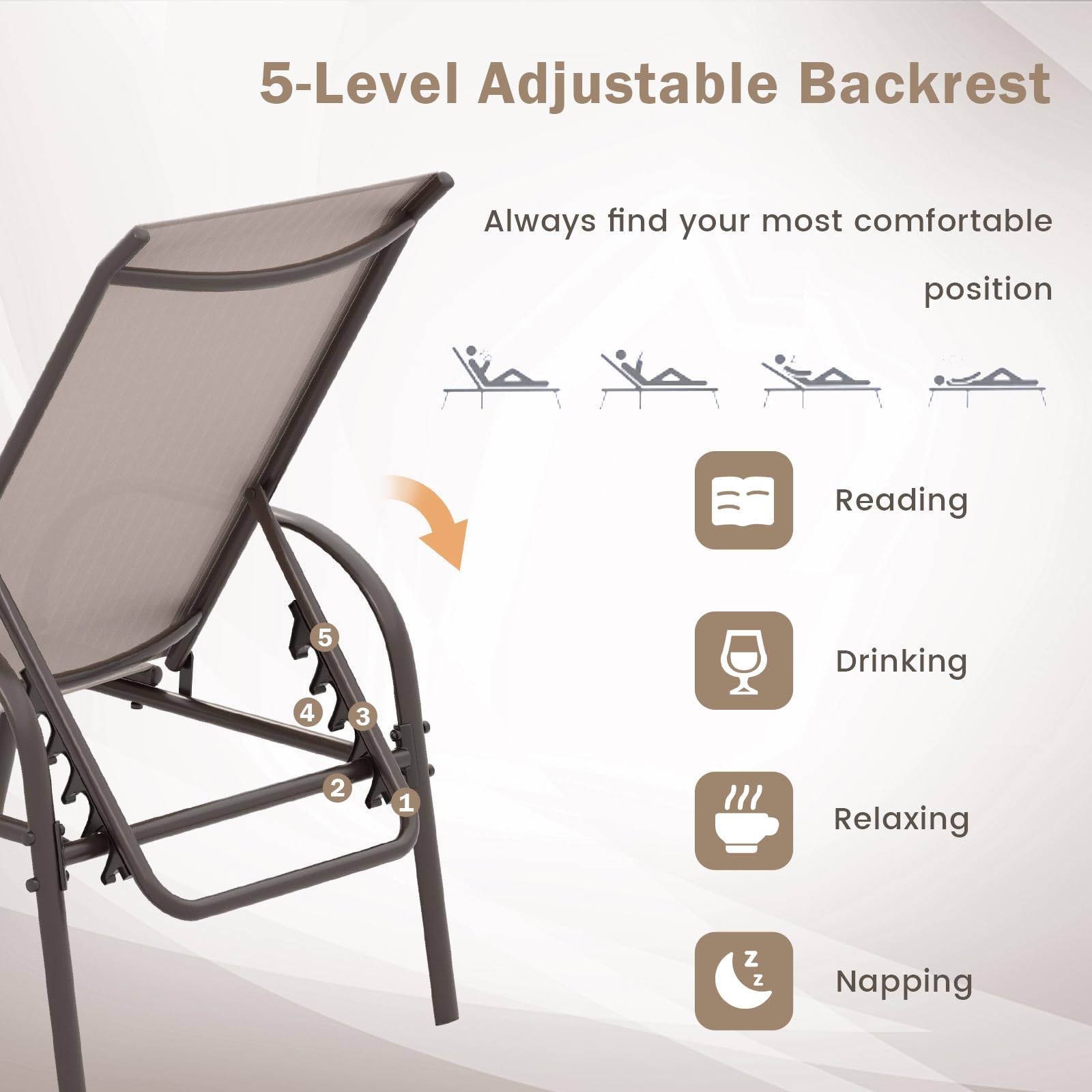Giantex 2 Pack Adjustable Patio Lounge Chairs - Heavy Duty Steel Frame Outdoor Chaise Lounge with 5-Position Recliner - Perfect for Sunbathing, Beach, Poolside, Backyard & Balcony Relaxation - Brown
