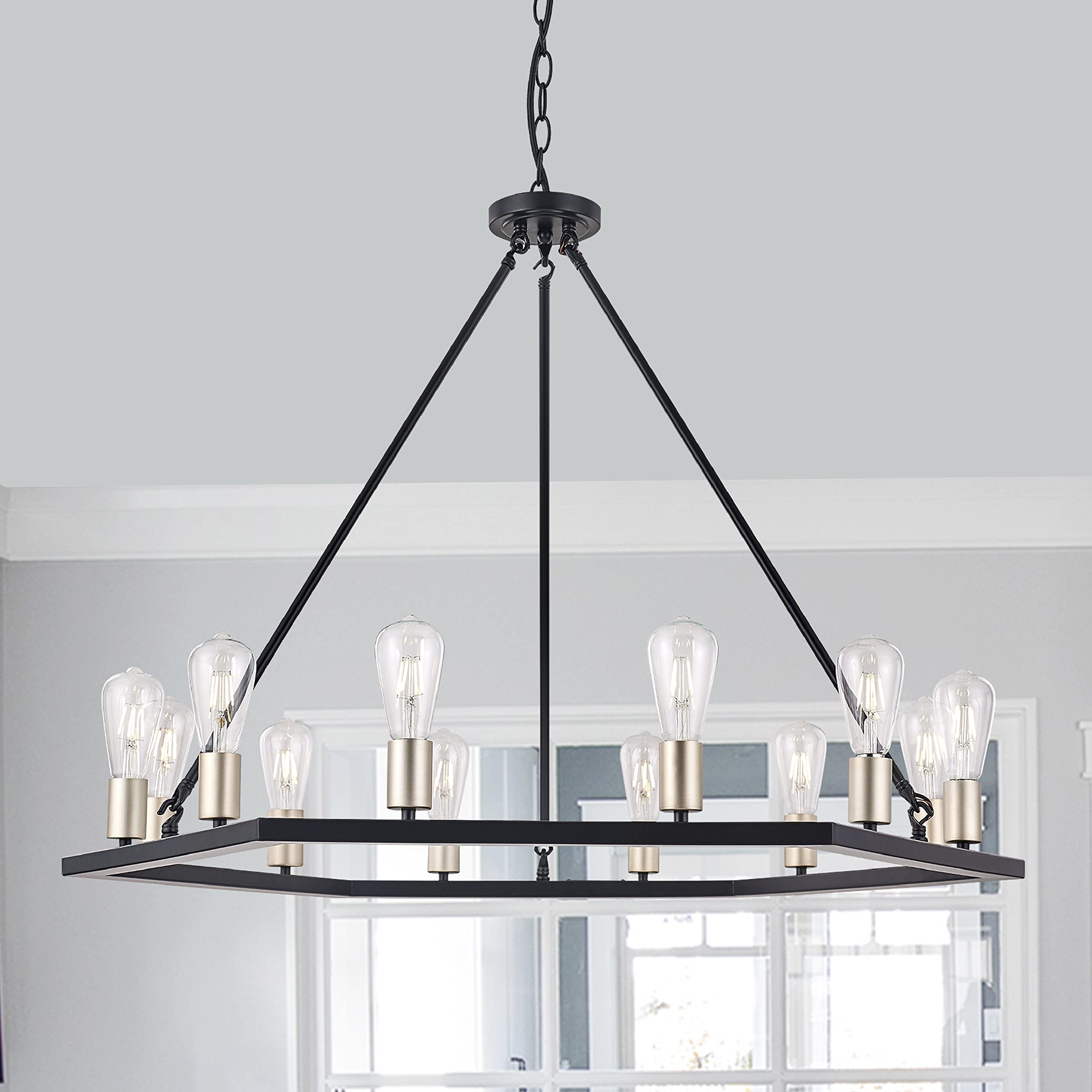Vanity Art 12-Light Wagon Wheel Chandelier - Farmhouse Rustic Ceiling Light Fixture with Candle-Style Bulbs for Living Room, Kitchen, Dining Room (MLT3112LT-BD-BK) - Perfect for Country Homes, Barn Weddings & Cozy Cabin Decor
