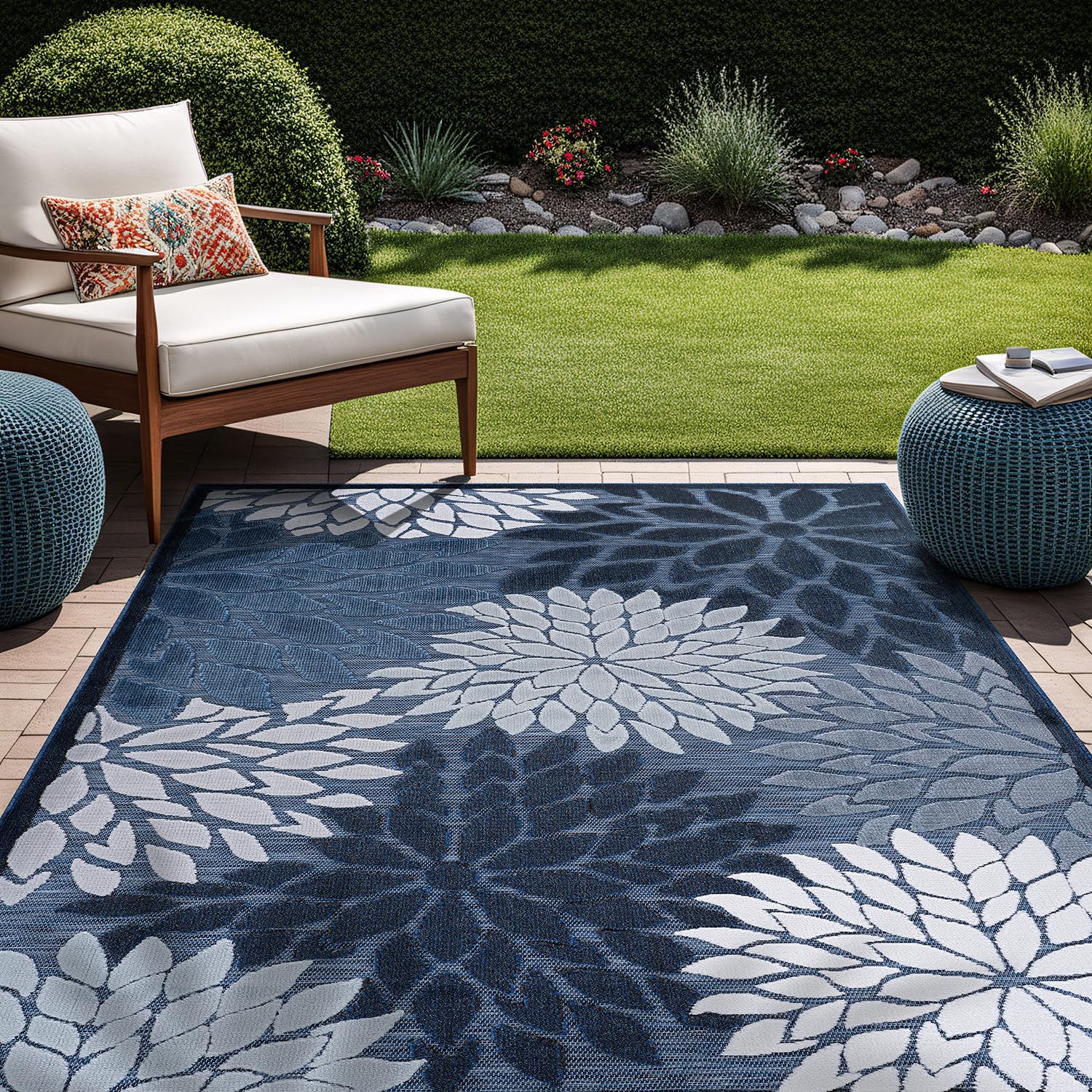 Beverly Rug 8x10 Modern Floral Tropical Indoor Outdoor Area Rug - Non-Shedding, Washable, Easy Clean - Navy Blue - Perfect for Patio, Living Room, Porch & Garden Decor
