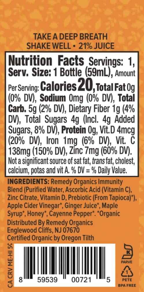 Remedy Organics Immunity Plus Shot 24-Pack - Organic Energy Booster for Digestion, Brain Function & Metabolism - Detox Support - USDA Certified Organic - Perfect for Daily Wellness & Immune Support
