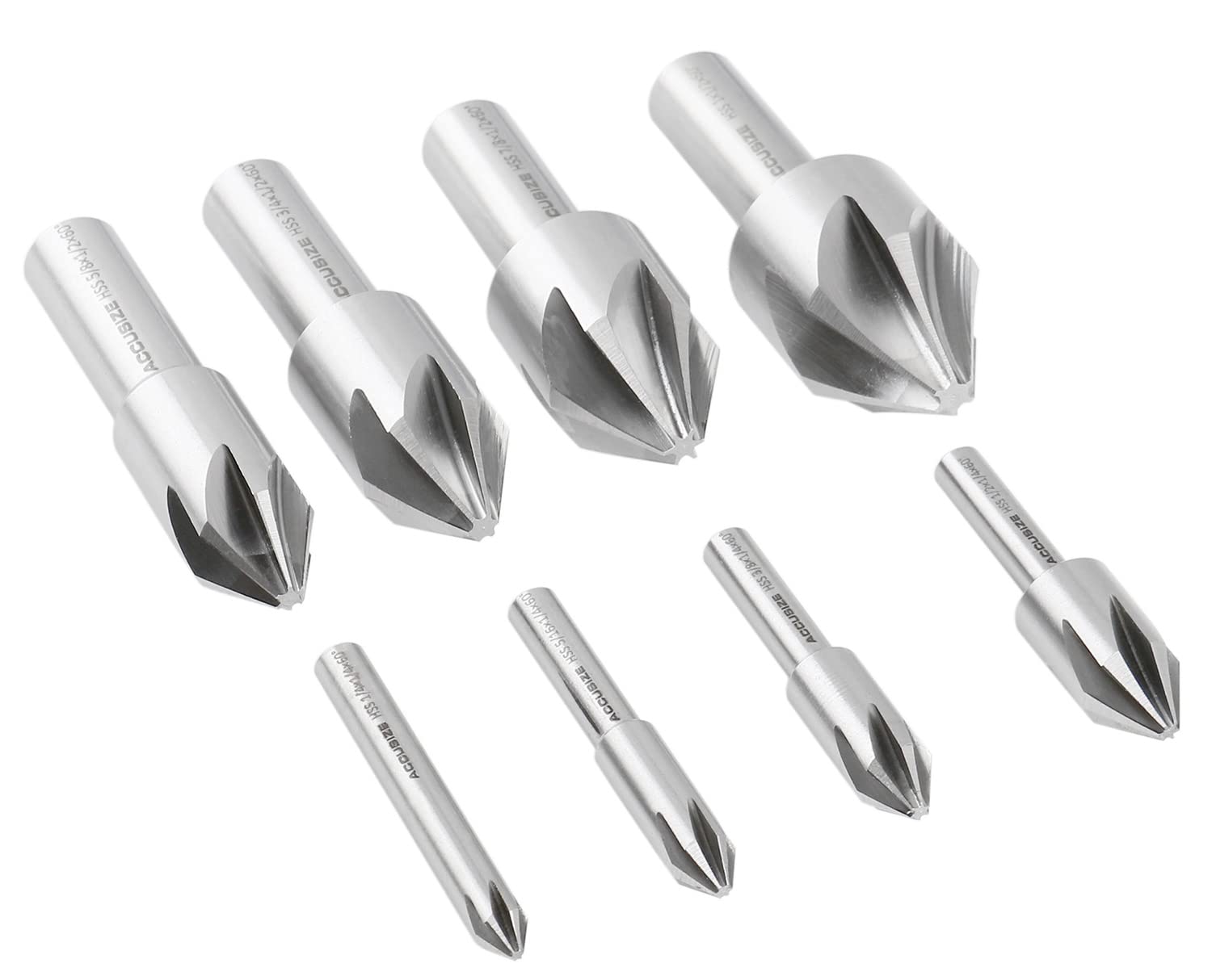 Accusize Industrial Tools 60 Degree 6 Flute HSS Machine Countersink Set - 8 Pcs Precision Ground for Metalworking, Woodworking & DIY Projects - Model 0206-0010