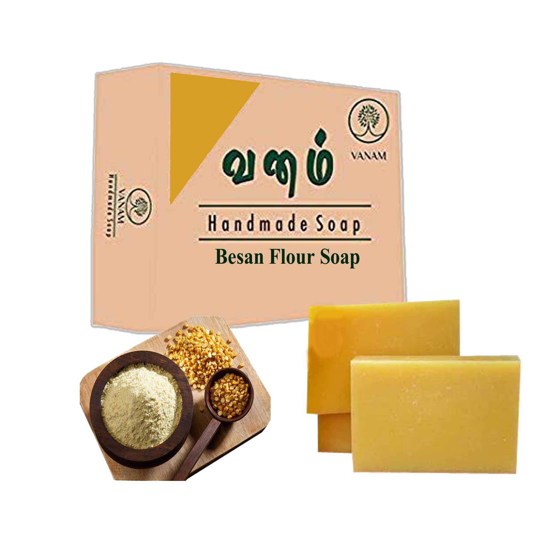 VANAM Handmade Herbal Besan Flour Bath Soap with Sandalwood - Set of 5 Bars | Natural Skin Cleansing for Dry & Sensitive Skin | Perfect for Daily Use & Spa Relaxation