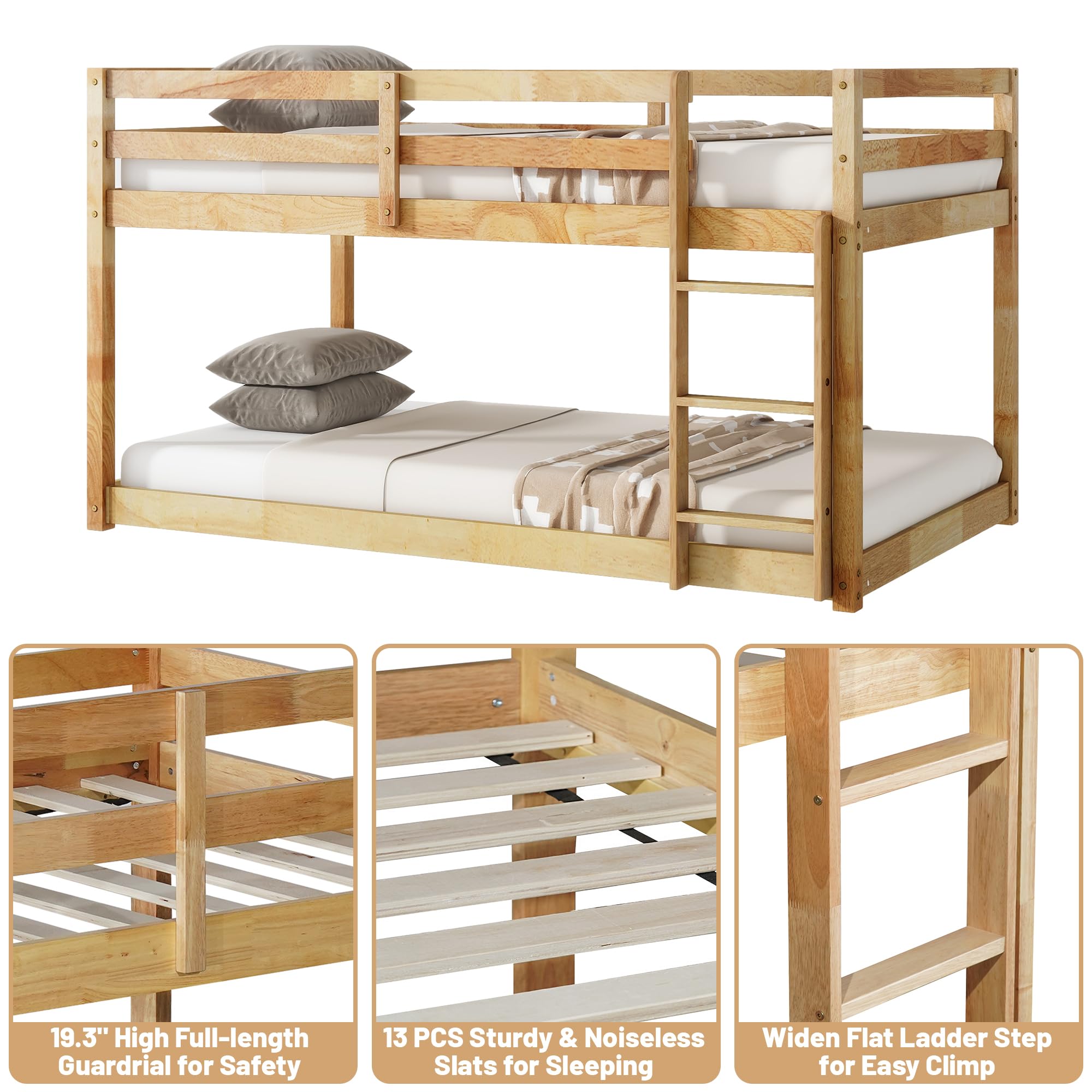 Twin Over Twin Wooden Bunk Bed - Low Profile Floor Bunk Bed with Safety Ladder & Guardrails for Kids | No Box Spring Needed | Perfect for Small Bedrooms, Kids' Rooms & Space-Saving Solutions