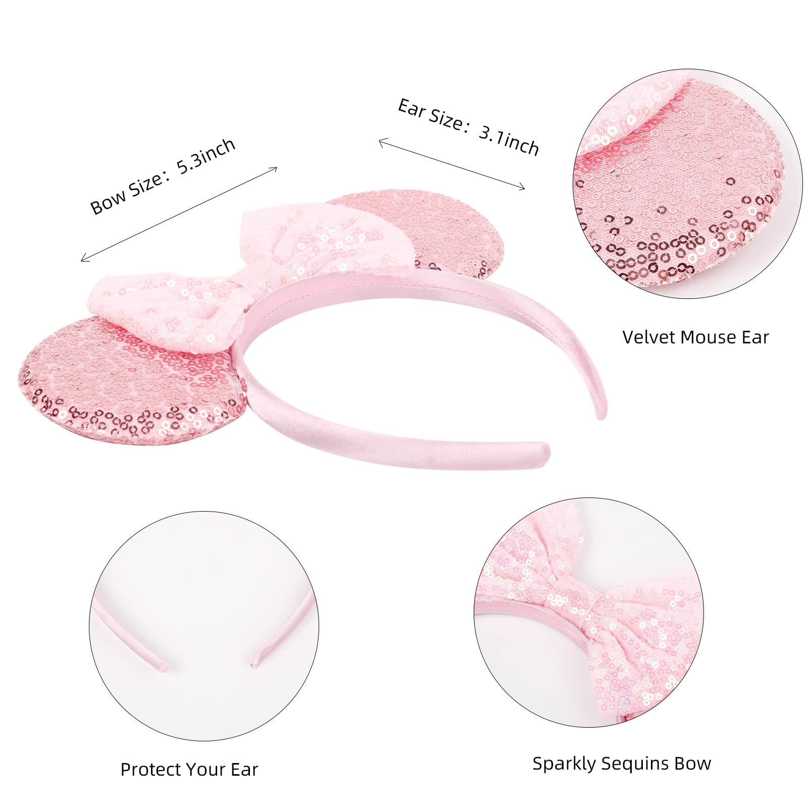 Sparkly Pink Bow Mouse Ears Headbands for Women - Disney Inspired Hair Accessories for Halloween, Christmas, Birthdays, Cosplay & Princess Parties - Perfect for Theme Parks, Costume Events & Photo Shoots