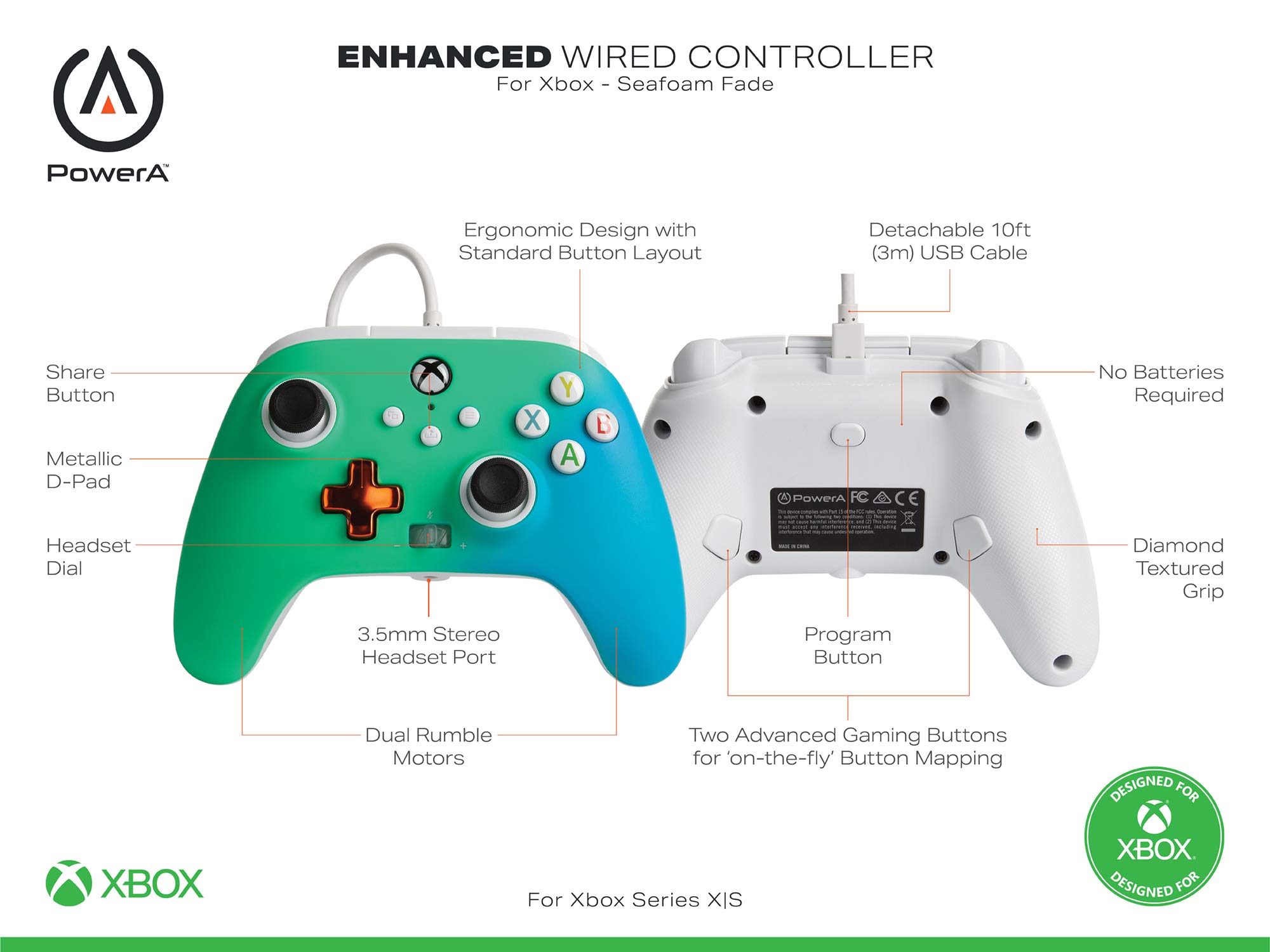 PowerA Enhanced Wired Controller for Xbox Series X|S - Seafoam Fade | Officially Licensed Xbox Gamepad with 3.5mm Audio Jack & Textured Grips | Perfect for Competitive Gaming & Long Play Sessions