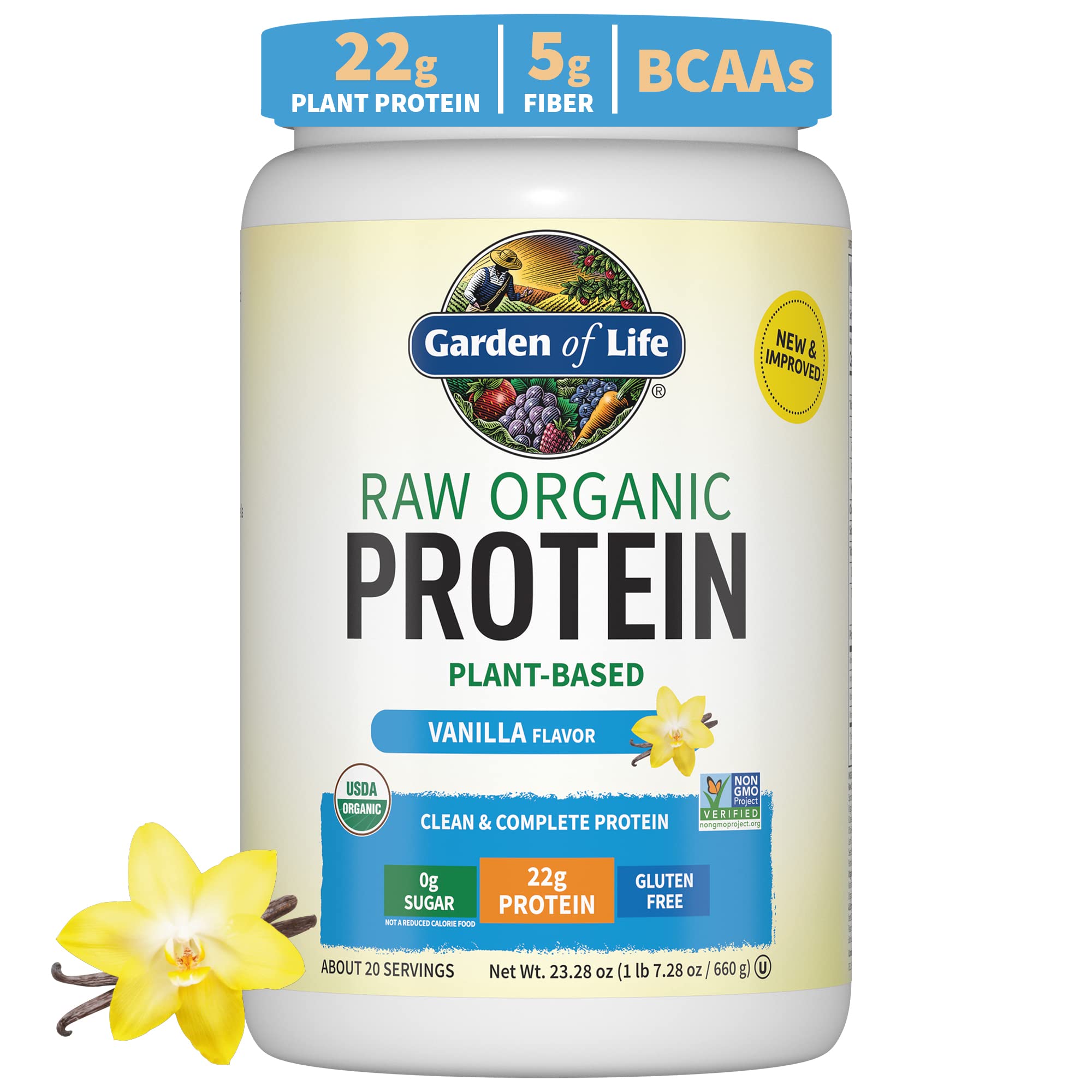 Organic Vegan Protein Powder - Vanilla Flavor, 22g Plant-Based Protein with BCAAs, Probiotics & Digestive Enzymes | Gluten & Lactose Free, 1.5 LB | Garden of Life Protein Powder for Post-Workout Recovery, Muscle Building & Healthy Digestion