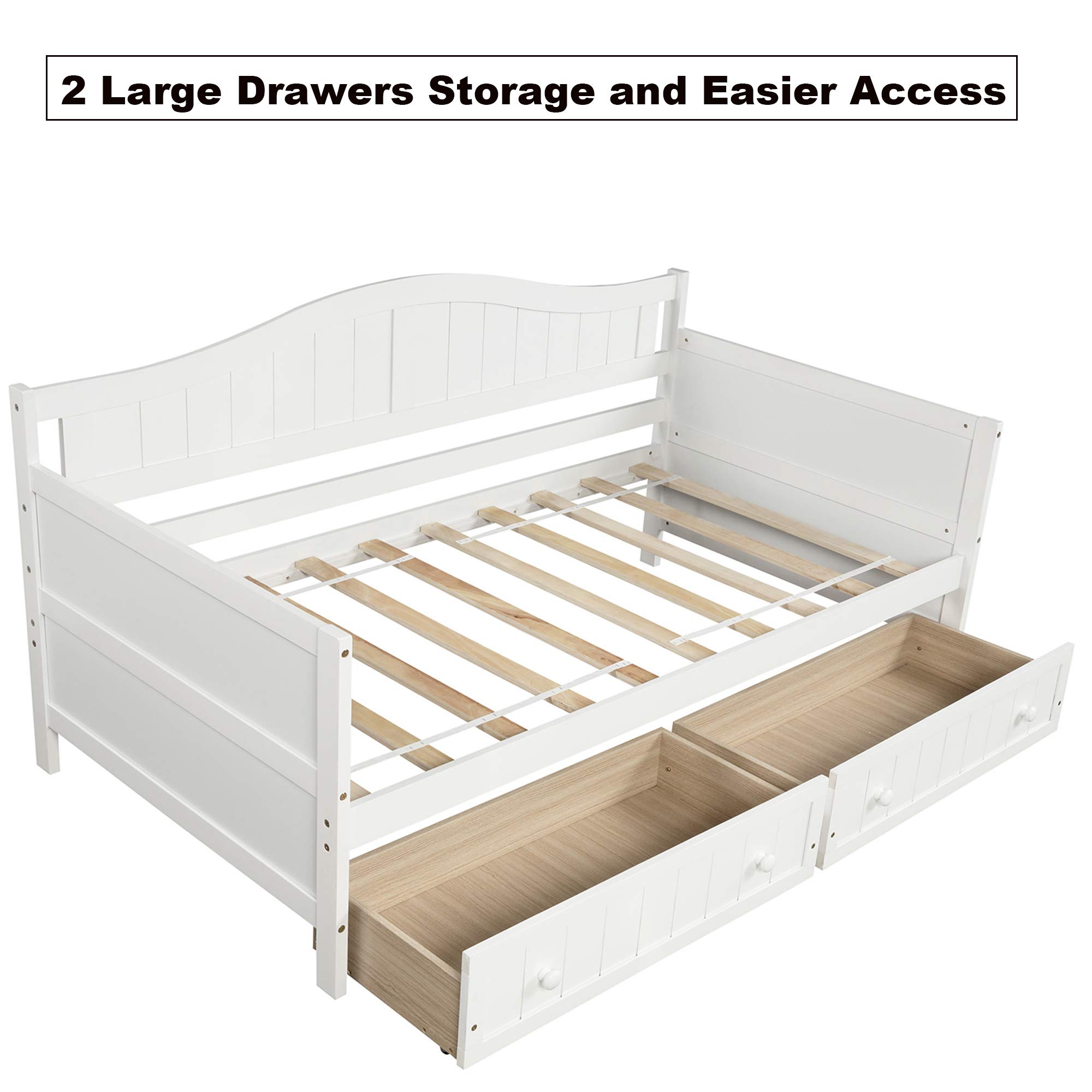 JULYFOX Twin Daybed Frame with 2 Drawers - Solid Pine Wood Platform Bed with Headboard & Footboard, No Box Spring Needed, 300lb Heavy Duty, White - Perfect for Guest Rooms, Dormitories & Small Spaces