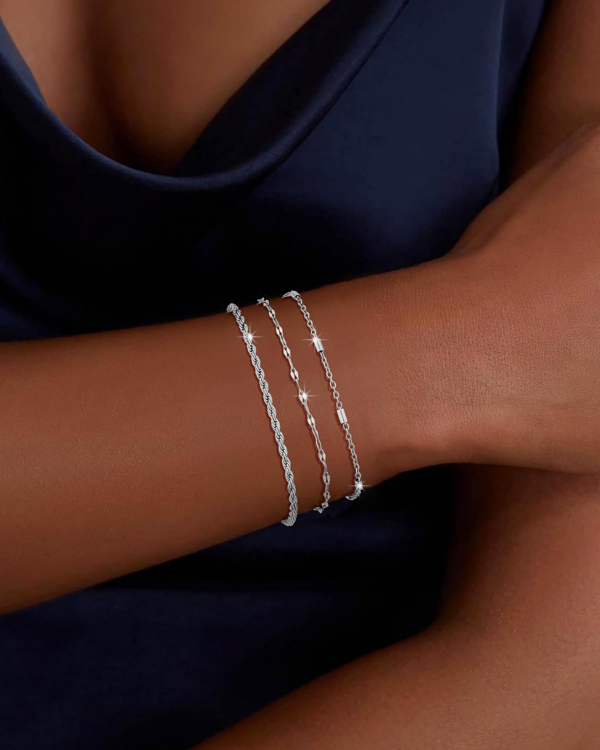 3 Pcs Gold and Silver Stackable Initial Bracelets for Women - 14K Gold Plated Letter Charm A-Z Monogram Jewelry Set, Anti-Tarnish Gifts for Her - Perfect for Birthday, Anniversary, Valentine's Day & Everyday Wear