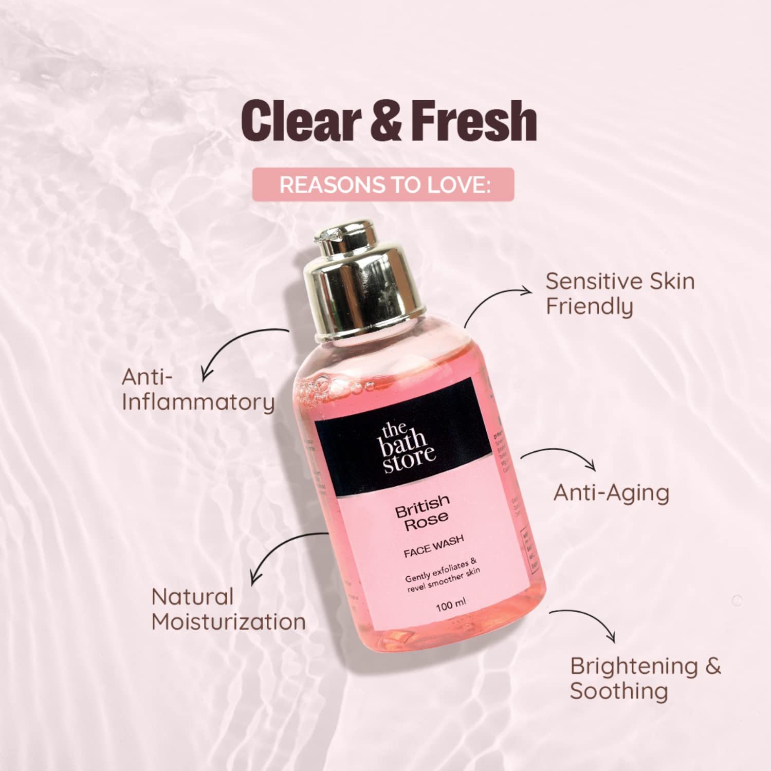 The Bath Store British Rose Face Wash for Women & Men - Gentle Cleanser for Dry, Oily & Acne-Prone Skin | Brightening & Tan Removal Facial Wash for Glowing Skin | 100ml | Perfect for Daily Skincare Routine & Travel