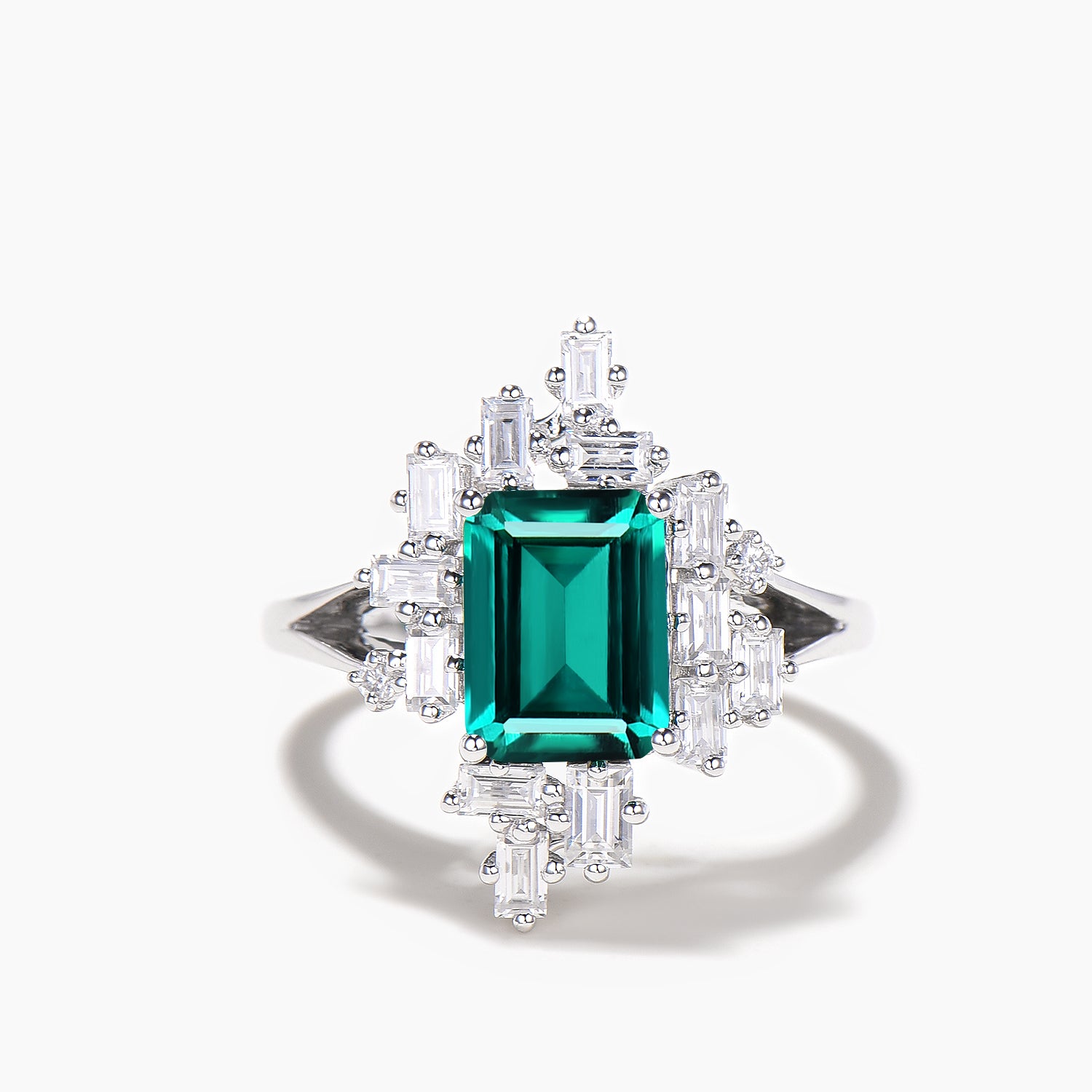 2ct Emerald Cut Green Moissanite Baguette Halo Engagement Ring for Women - Vintage Inspired Split Shank Wedding Band, Perfect for Proposals, Anniversaries & Bridal Jewelry