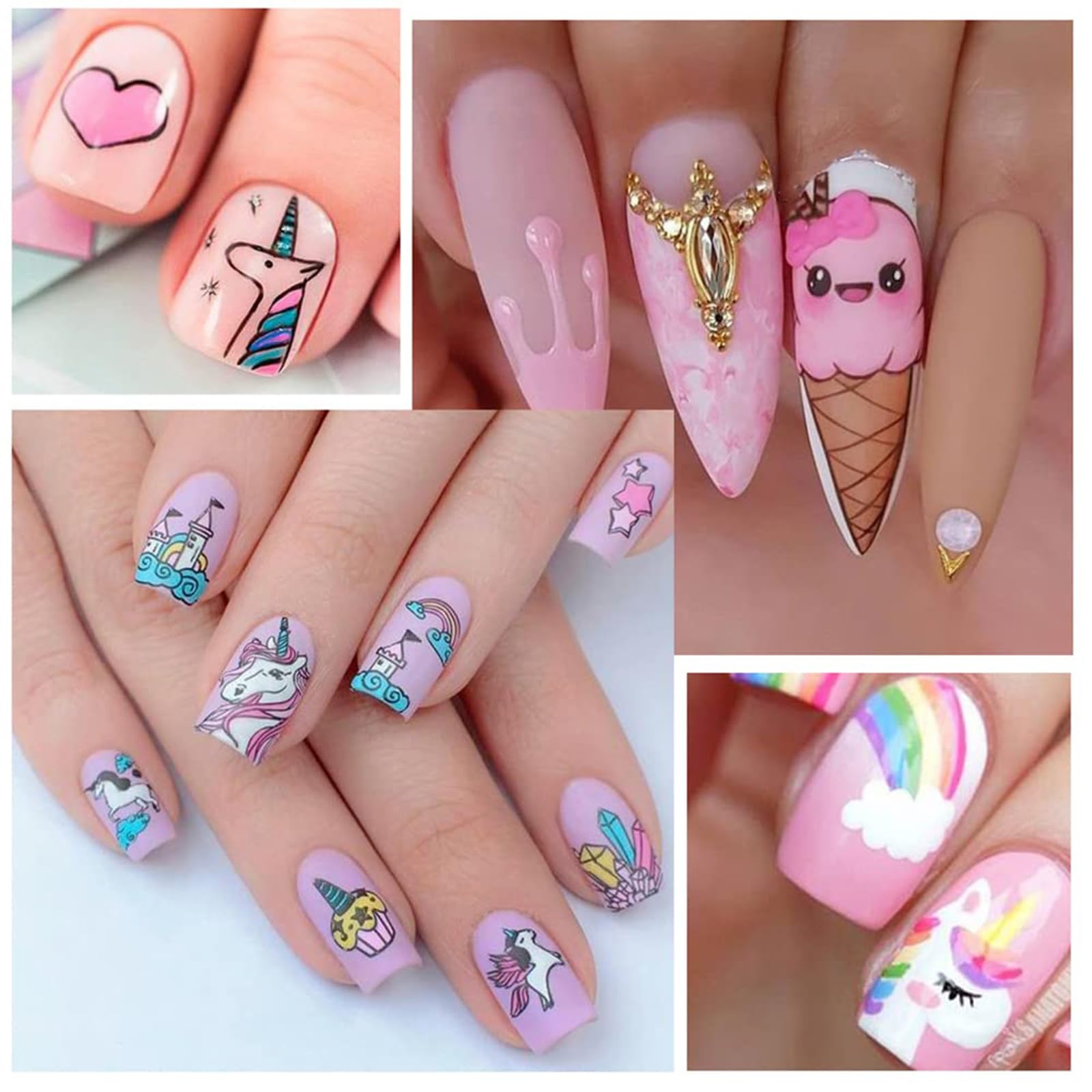 Unicorn Nail Art Stickers - 12 Sheets Water Transfer Nail Decals with Heart, Rainbow & Donut Designs - Cute Cartoon Pink Nail Decorations for Women & Girls - Perfect for Parties, Holidays & DIY Nail Art