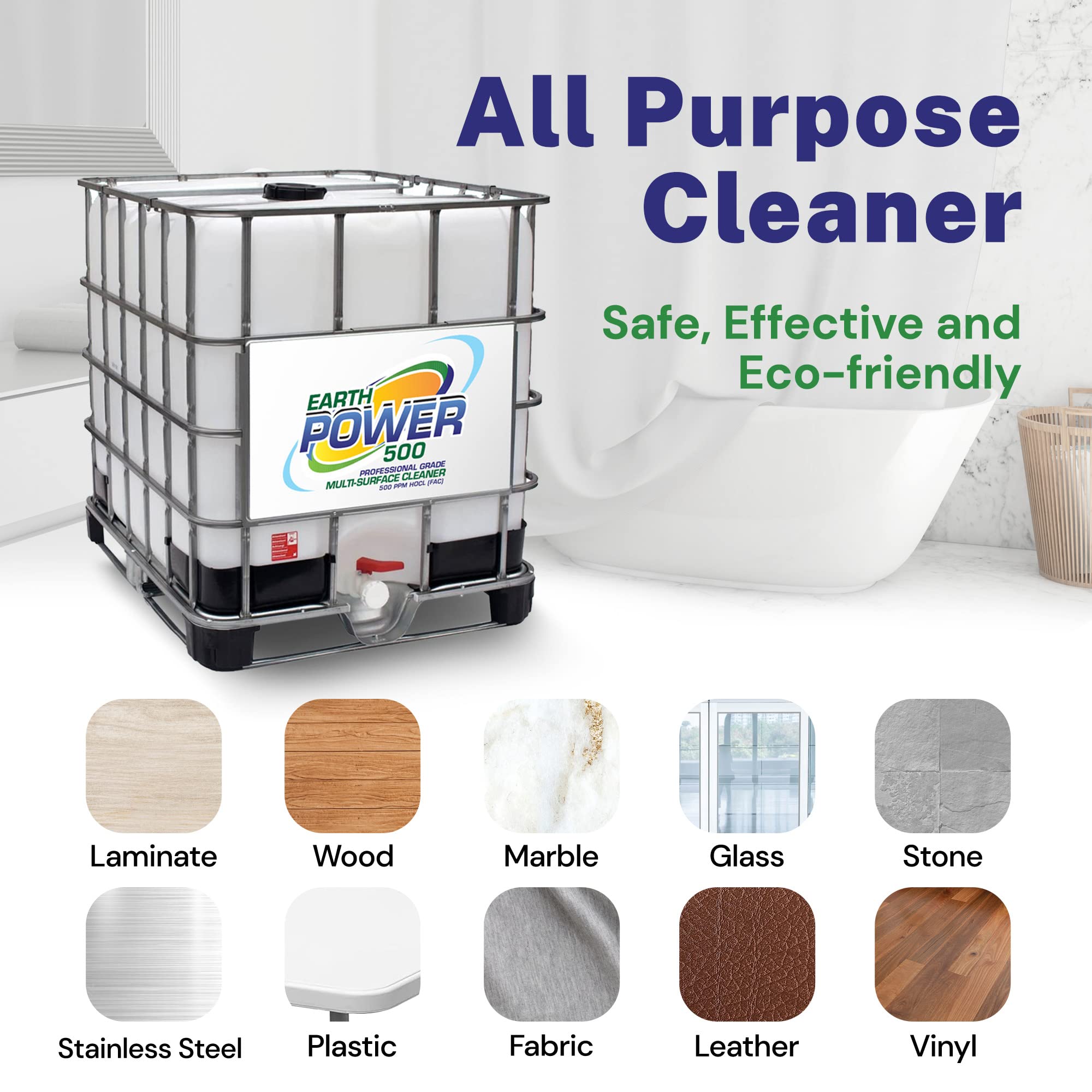 Earth Power Hypochlorous Acid 500 PPM Multipurpose Cleaner | One-Step Disinfectant for Home, Office & Industrial Use | Food Safe, Kid & Pet Friendly Cleaning Solution (275 Gallon) | Perfect for Sanitizing Kitchens, Hospitals, Schools & Public Spaces
