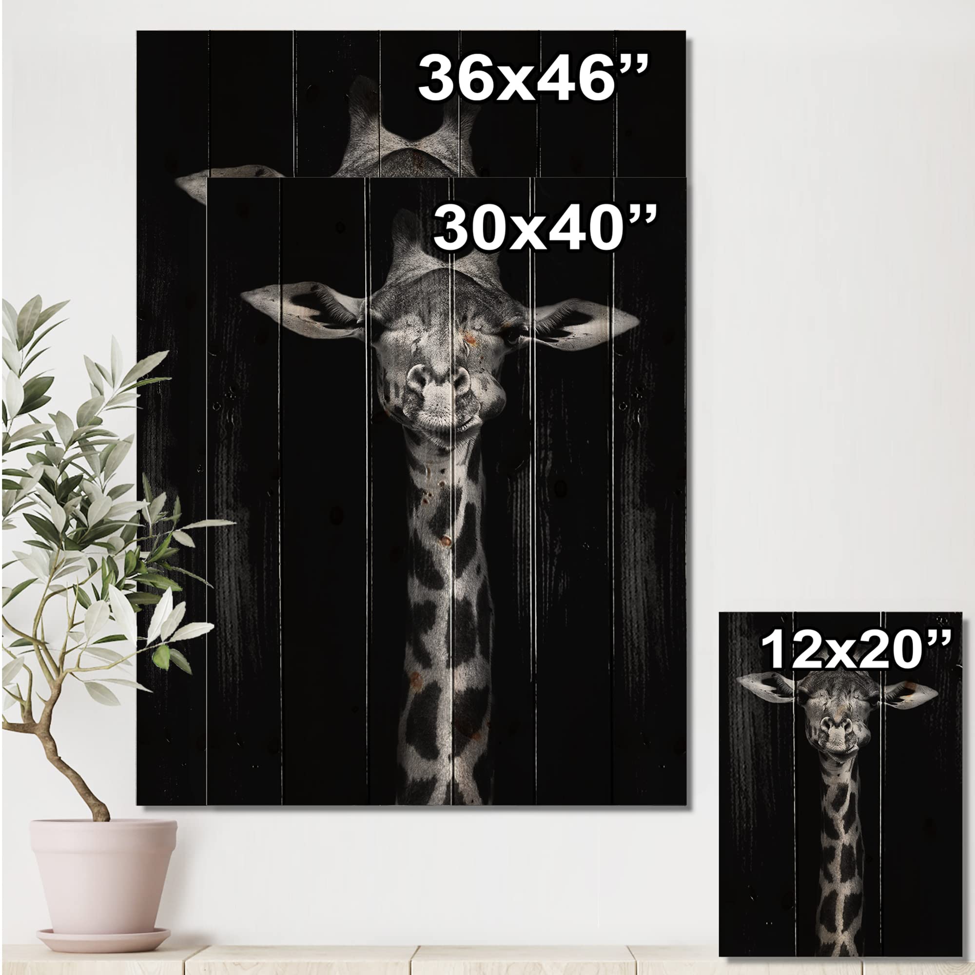 DesignQ Black and White Giraffe Portrait - Farmhouse Wood Wall Decor, Large Animal Wall Art Panel Printed on Natural Pine Wood - Perfect for Living Room, Nursery, or Office Decor