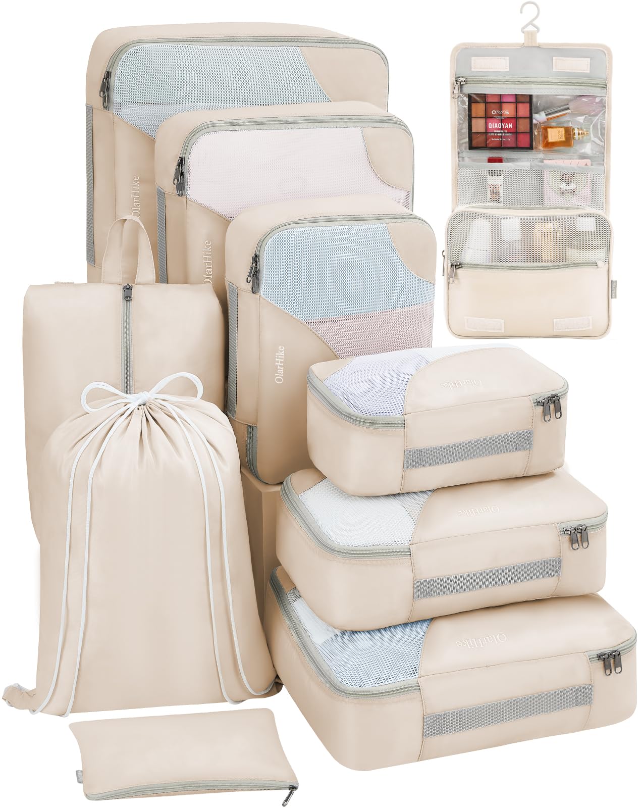 10-Piece Durable Packing Cubes Set for Suitcases - OlarHike Travel Essentials with Upgraded Anti-Tear Stitching - Beige Luggage Organizers for Clothes & Accessories | Perfect for Business Trips, Vacations & Weekend Getaways
