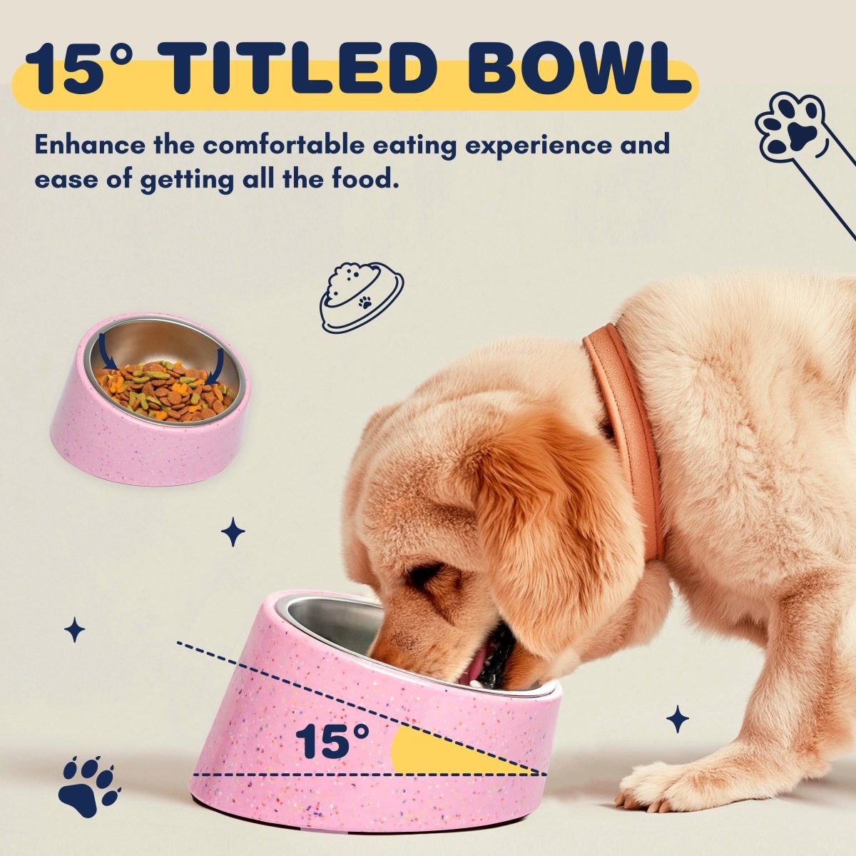 Bzyoo 16oz Tilted Dog Bowl for Small Dogs & Cats - Ergonomic Anti-Slip Pet Food Dish with Non-Spill Design, Perfect for Mealtime Comfort in Pink - Ideal for Small Breeds, Puppies, and Feline Friends at Home