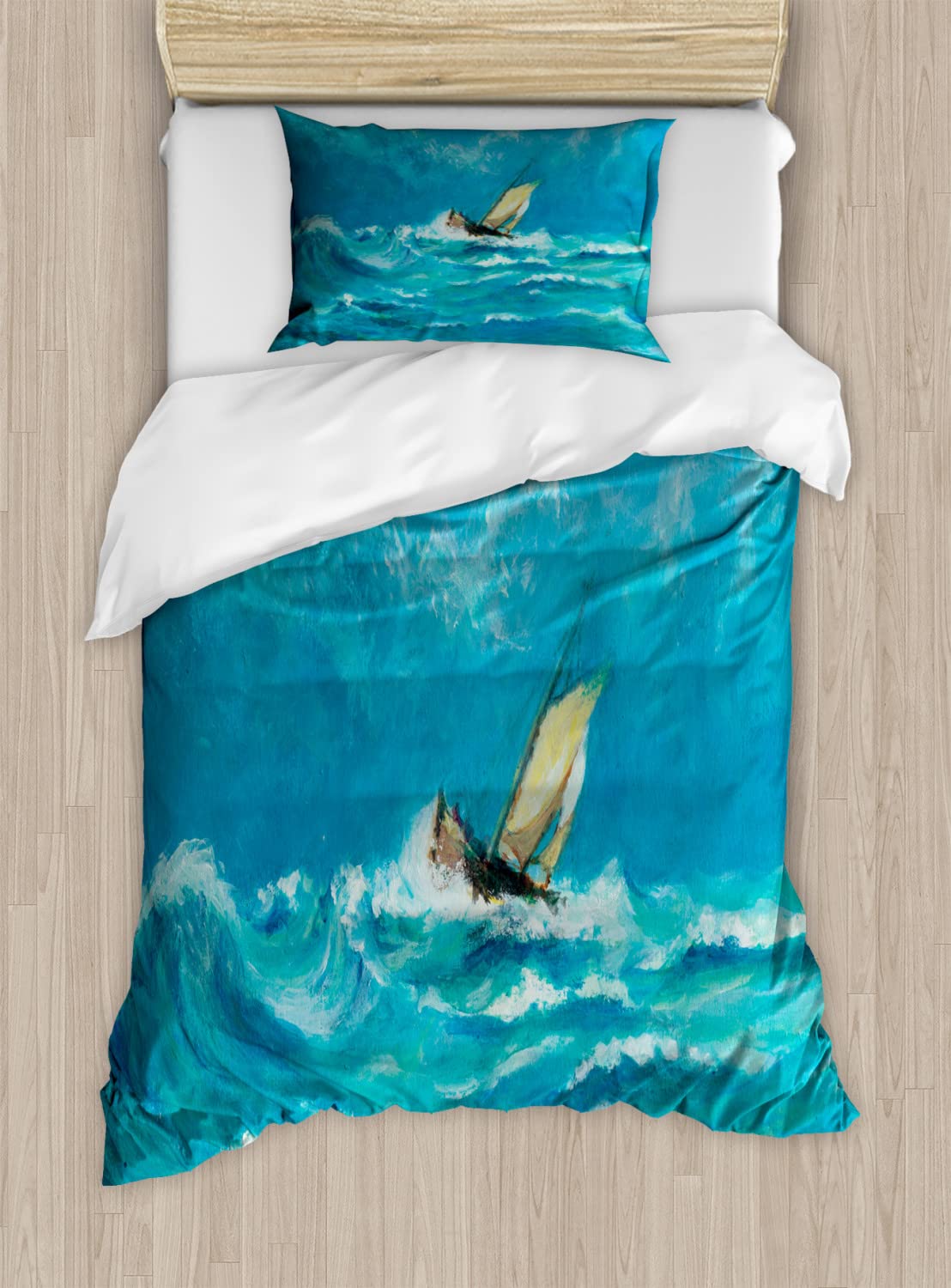 Ambesonne Sailboat Duvet Cover Set - King Size 2-Pack with 4 Pillowcases | Oil Painting Style Stormy Sea Sailing Ship Design in Pale Blue & Cream | Luxury Bedding for Coastal & Nautical Themed Bedrooms