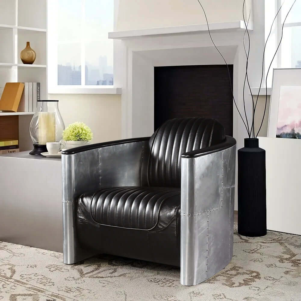 Industrial Loft Style Black Barrel Accent Chair - Genuine PU Leather Upholstered Modern Lounge Chair for Living Room, Office or Reading Nook