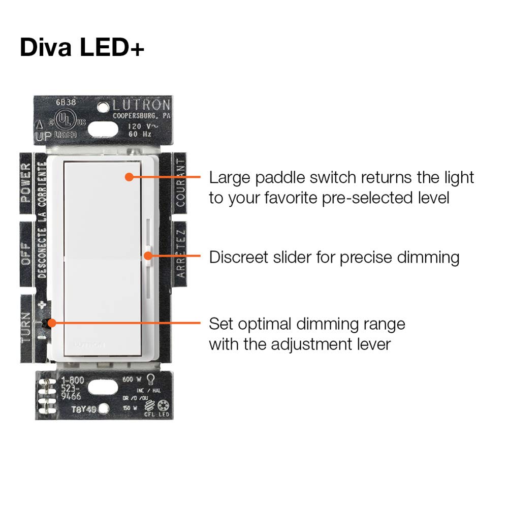 Lutron Diva LED+ Dimmer Switch for Dimmable LED, Halogen & Incandescent Bulbs with Wall Plate - 150W/Single-Pole or 3-Way (DVWCL-153PH-LA, Light Almond) - Perfect for Living Room, Bedroom & Home Lighting Control