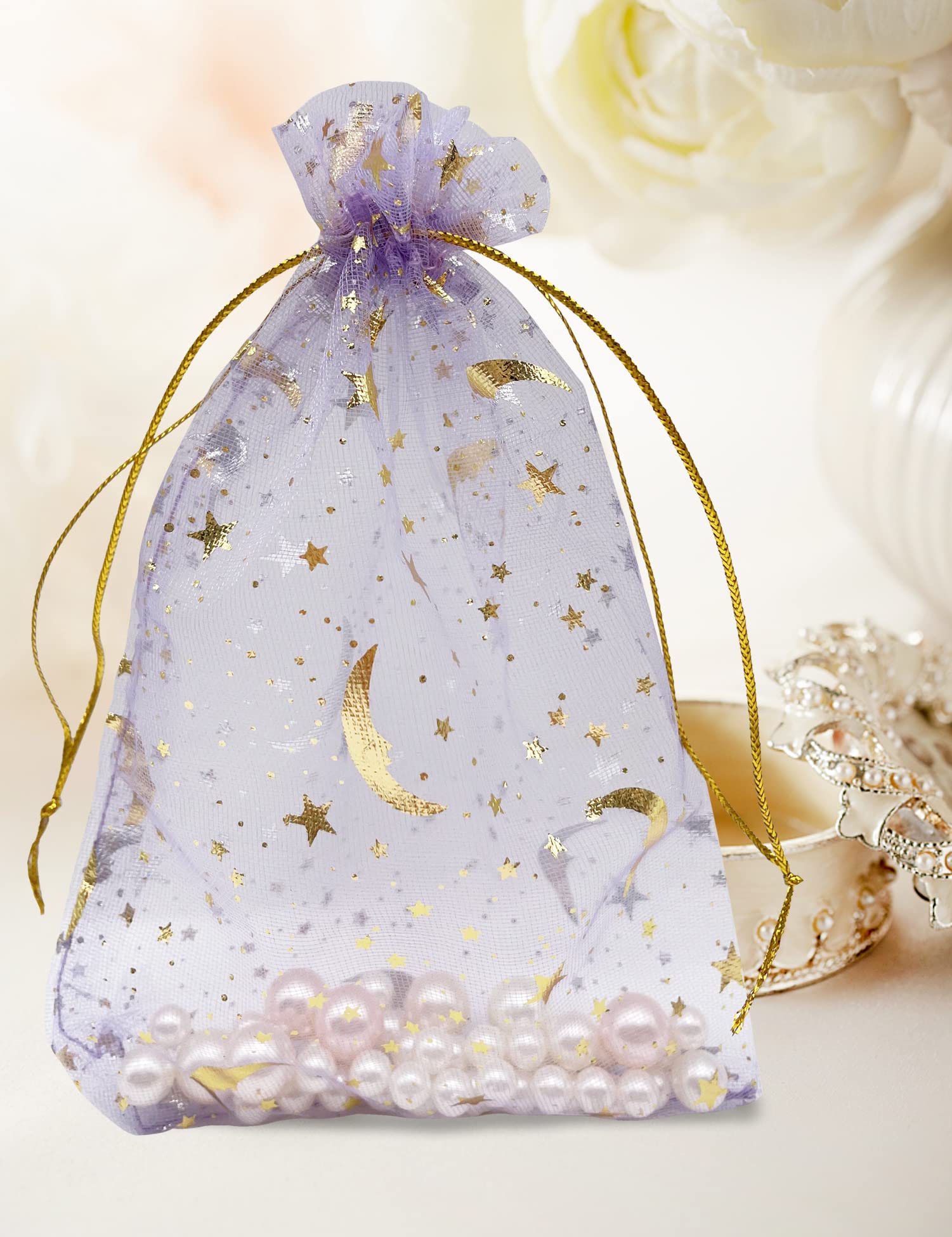 100PCS 4''x6'' Lilac Moon Star Organza Drawstring Bags - Elegant Jewelry & Gift Bags for Weddings, Parties, Baby Showers - Perfect for Favors, Candies, Small Gifts & DIY Crafts