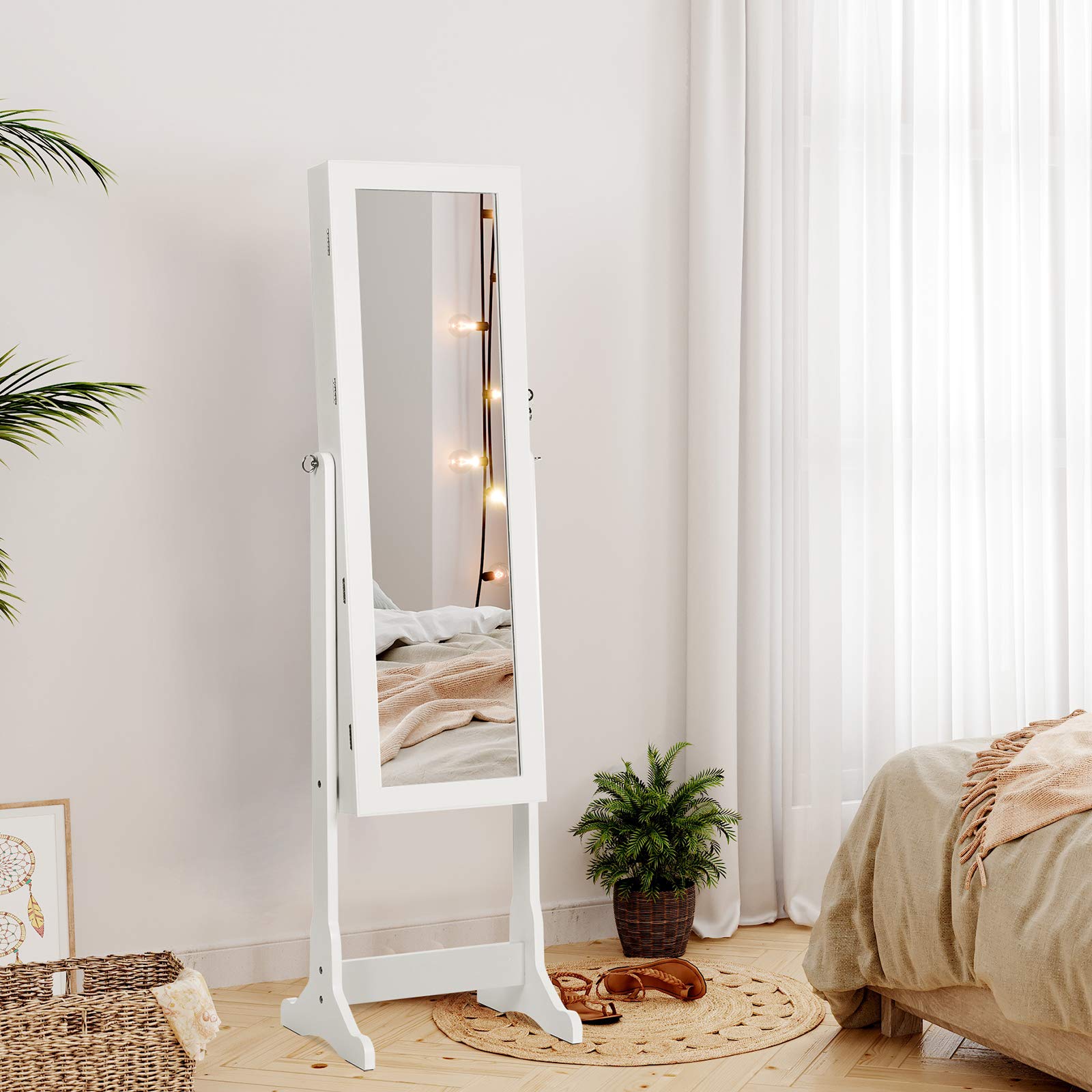 SONGMICS White Jewelry Cabinet with 6 LED Lights - Lockable Mirrored Jewelry Armoire Organizer with 2 Drawers | Perfect for Bedroom, Closet & Dressing Room Organization