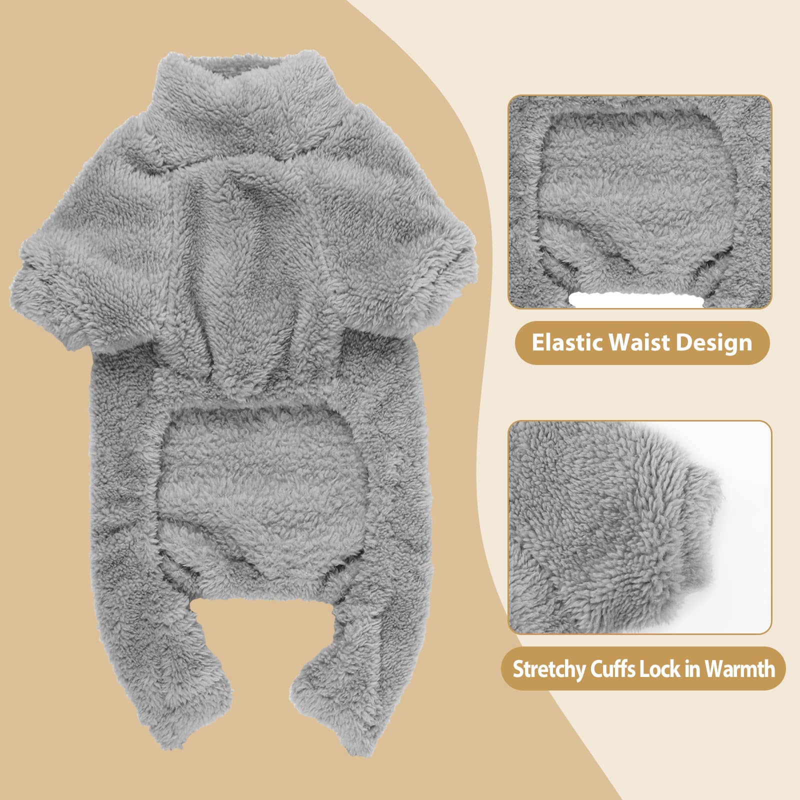 Cozy Fuzzy Dog Pajamas with Turtleneck - Warm Soft Lightweight Dog Sweater for Small Dogs (Grey, S/M) - Perfect for Winter Nights & Indoor Lounging
