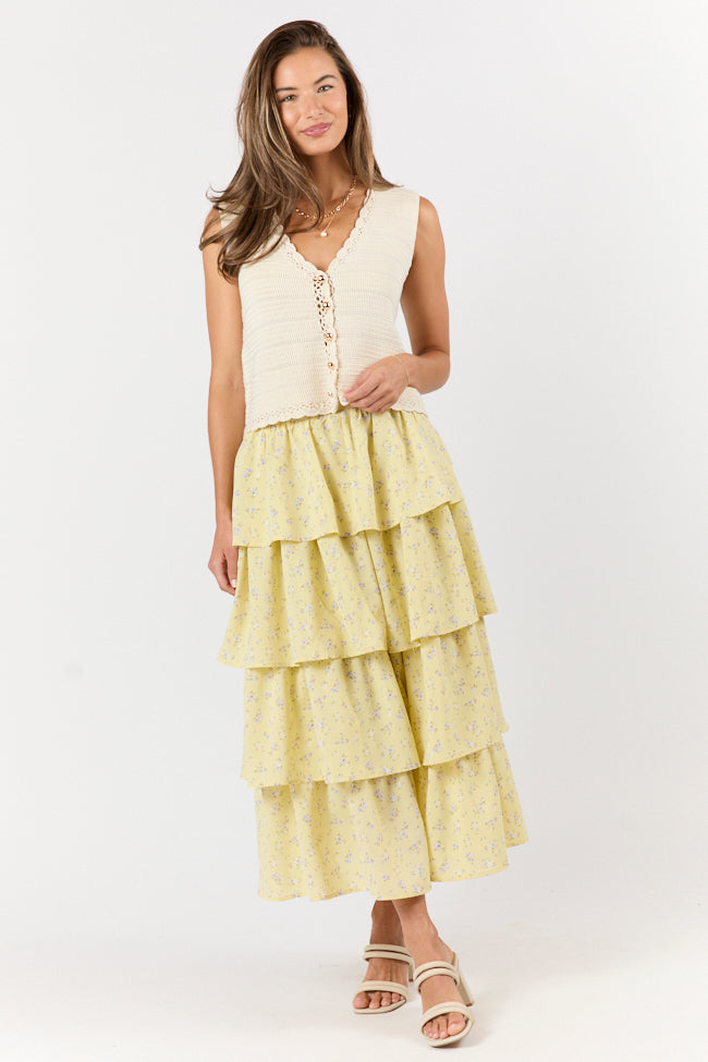 Meet Me Halfway Yellow Tiered Floral Maxi Skirt for Women - Boho Summer Beach Dress with Pockets - Perfect for Vacations, Music Festivals & Date Nights