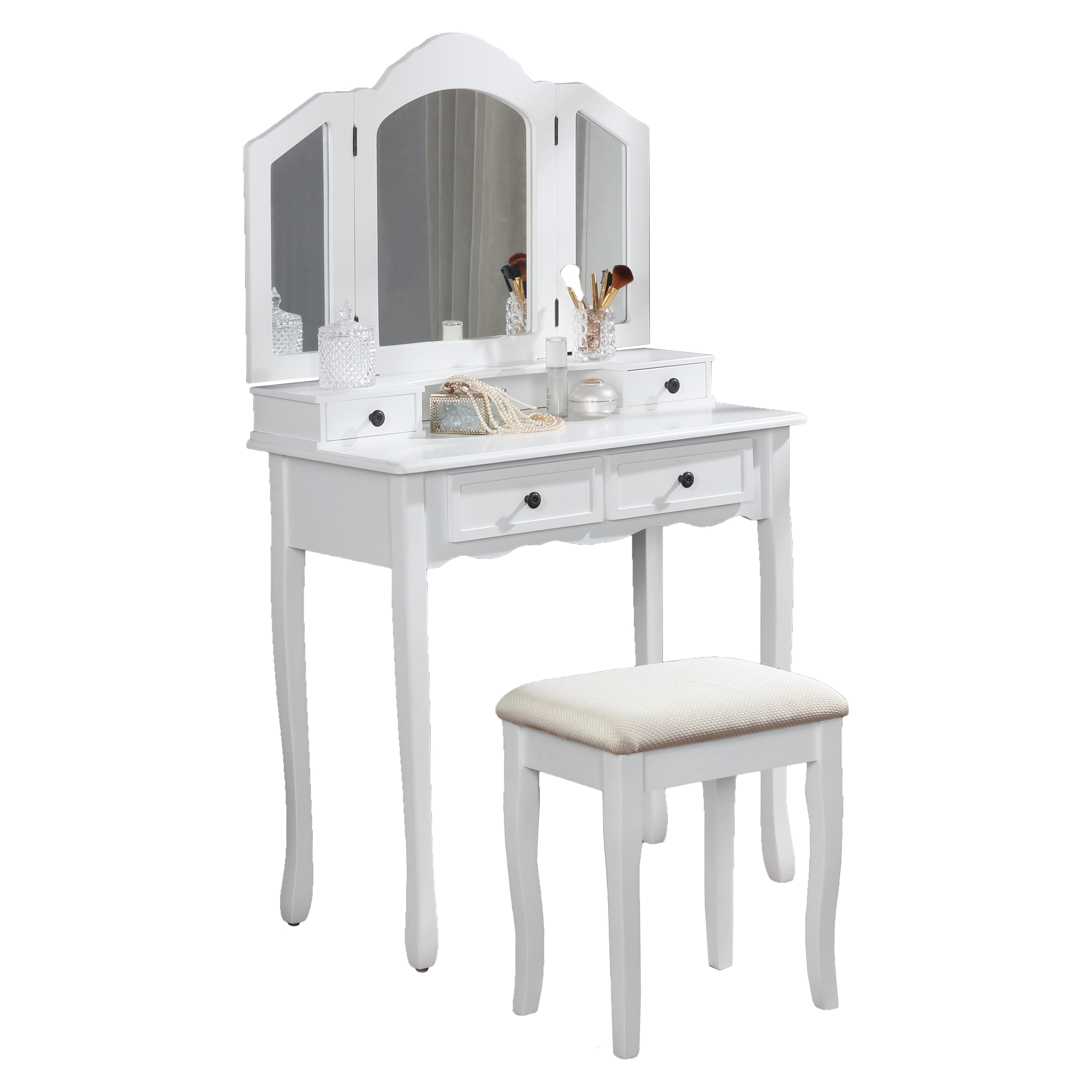 Roundhill Furniture Sanlo Wooden Vanity Makeup Table and Stool Set with Mirror - Elegant Dressing Table for Bedroom, Bathroom & Beauty Salon
