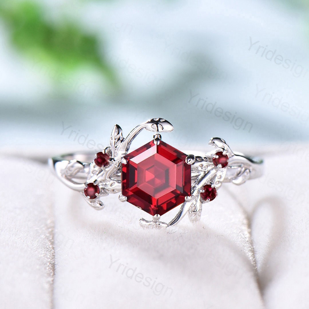 Vintage Inspired 14K White Gold Leaf Branch Engagement Ring with Lab Ruby - Unique Twig Wedding Band for Women, Perfect for Promise Rings & Nature-Themed Proposals