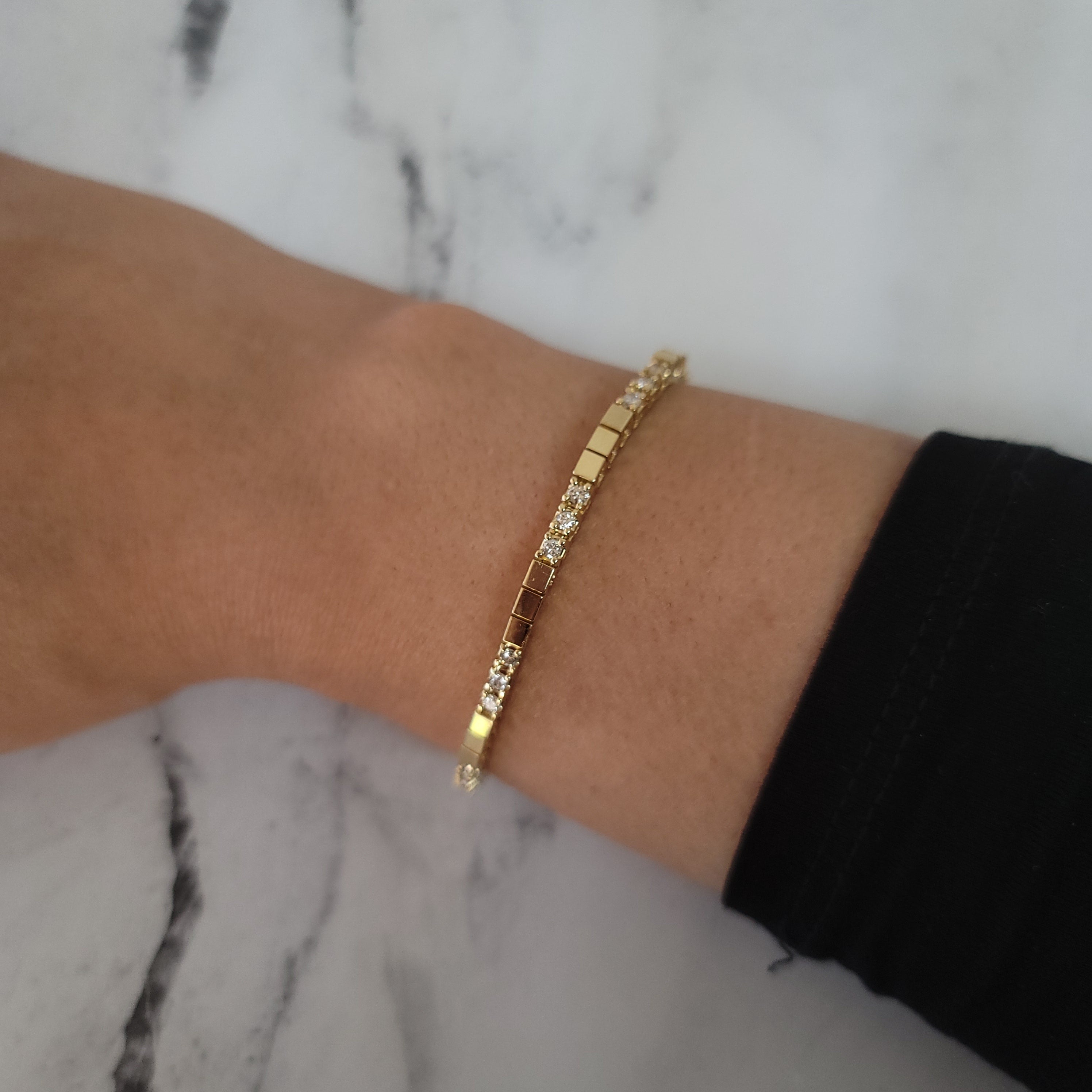 14K Yellow Gold Polished Square Diamond Tennis Bracelet - Elegant Jewelry for Women, Perfect for Weddings, Parties & Special Occasions