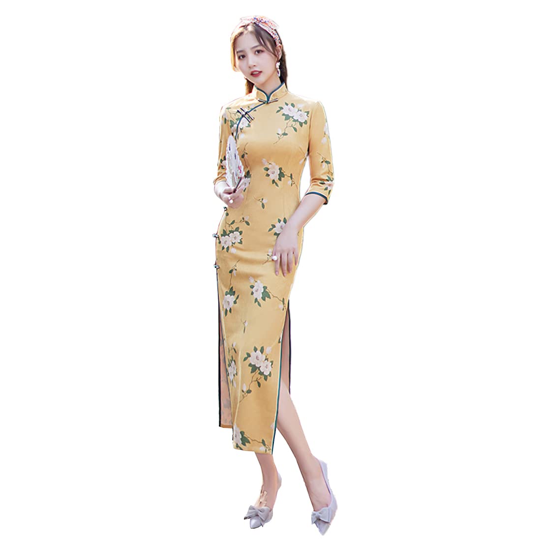 Elegant KUFEIUP Women's Chinese Cheongsam Dress | 3/4 Sleeve Floral Print Qipao | Vintage Autumn Fashion | Perfect for Tea Parties, Weddings & Cultural Events