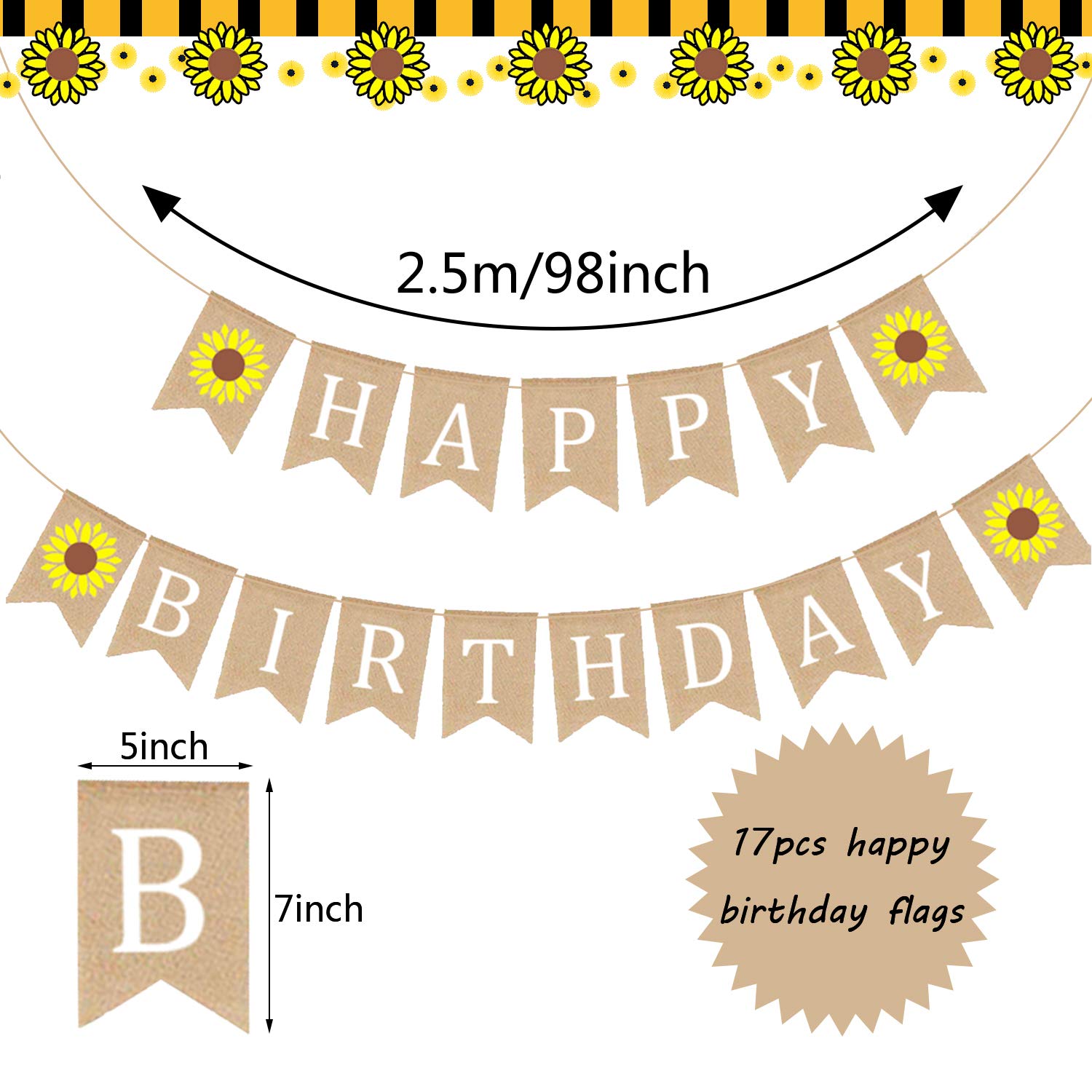 33-Piece Sunflower Party Decorations Set - Happy Birthday Banner, Cake Topper, Cupcake Toppers, Garland, Tissue Fans, Paper Pom Poms & Balloons for Sunflower-Themed Birthday Parties & Baby Showers
