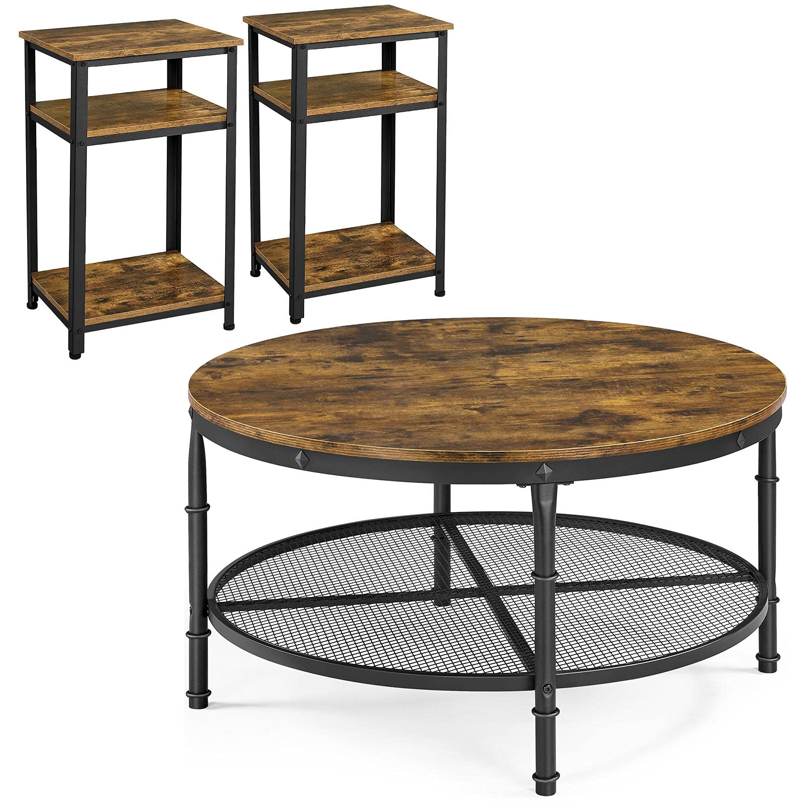 Yaheetech Round Coffee Table with 2 Industrial Narrow Side Tables - Modern Living Room Furniture Set for Hallway, Lounge & Small Spaces