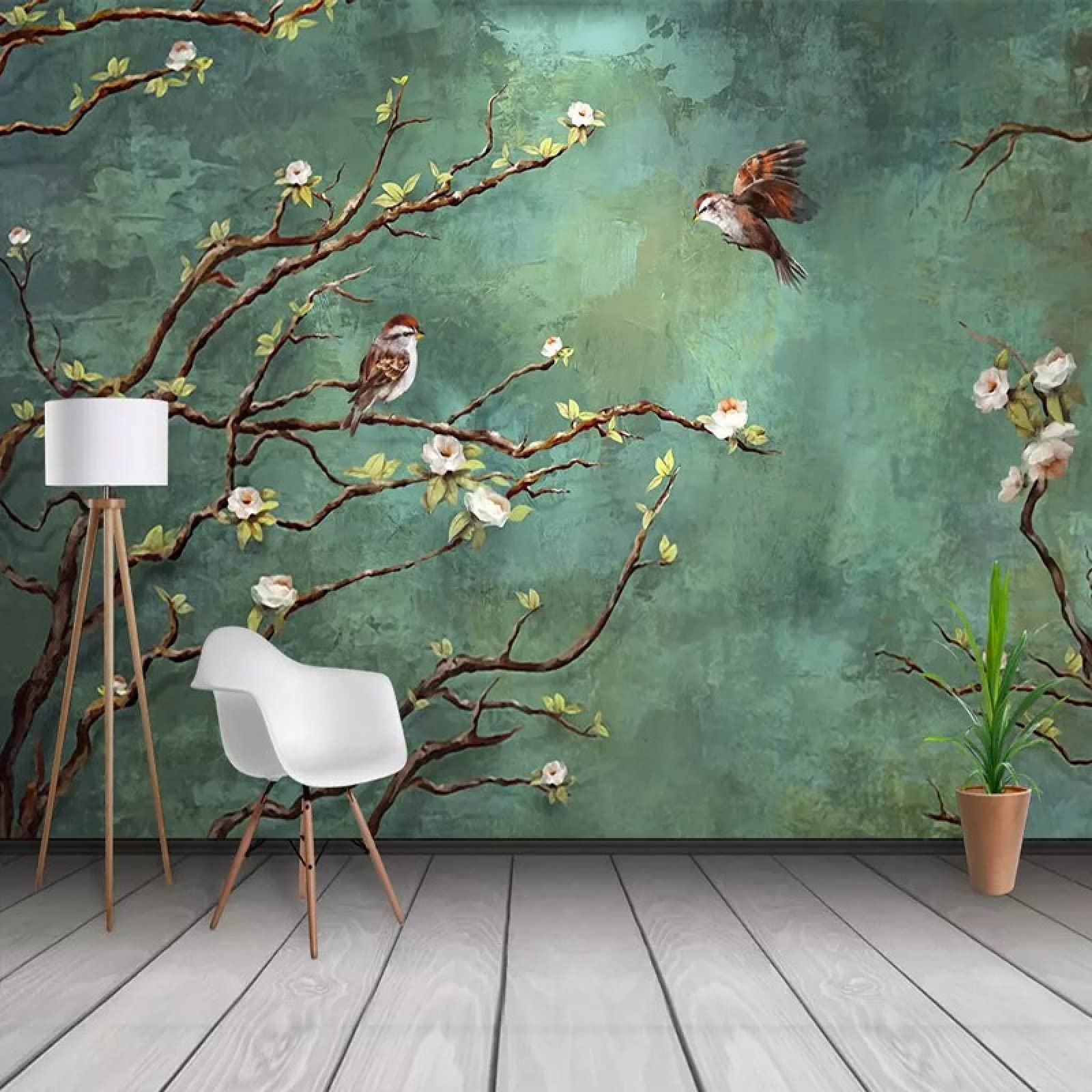 Custom Hand-Painted Floral & Bird Oil Painting Murals - 430x300cm Wall Cloth for Study, Restaurant Backdrop & Home Decor | Premium Wall Covering Fresco