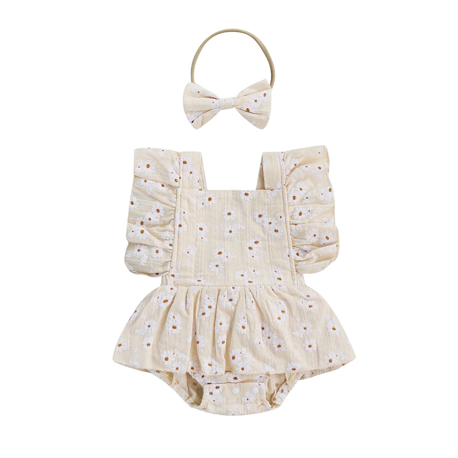 Newborn Baby Girl Daisy Romper Dress - Flutter Sleeve One-Piece Jumpsuit with Headband | Summer Outfit for Photoshoot, Party & Daily Wear