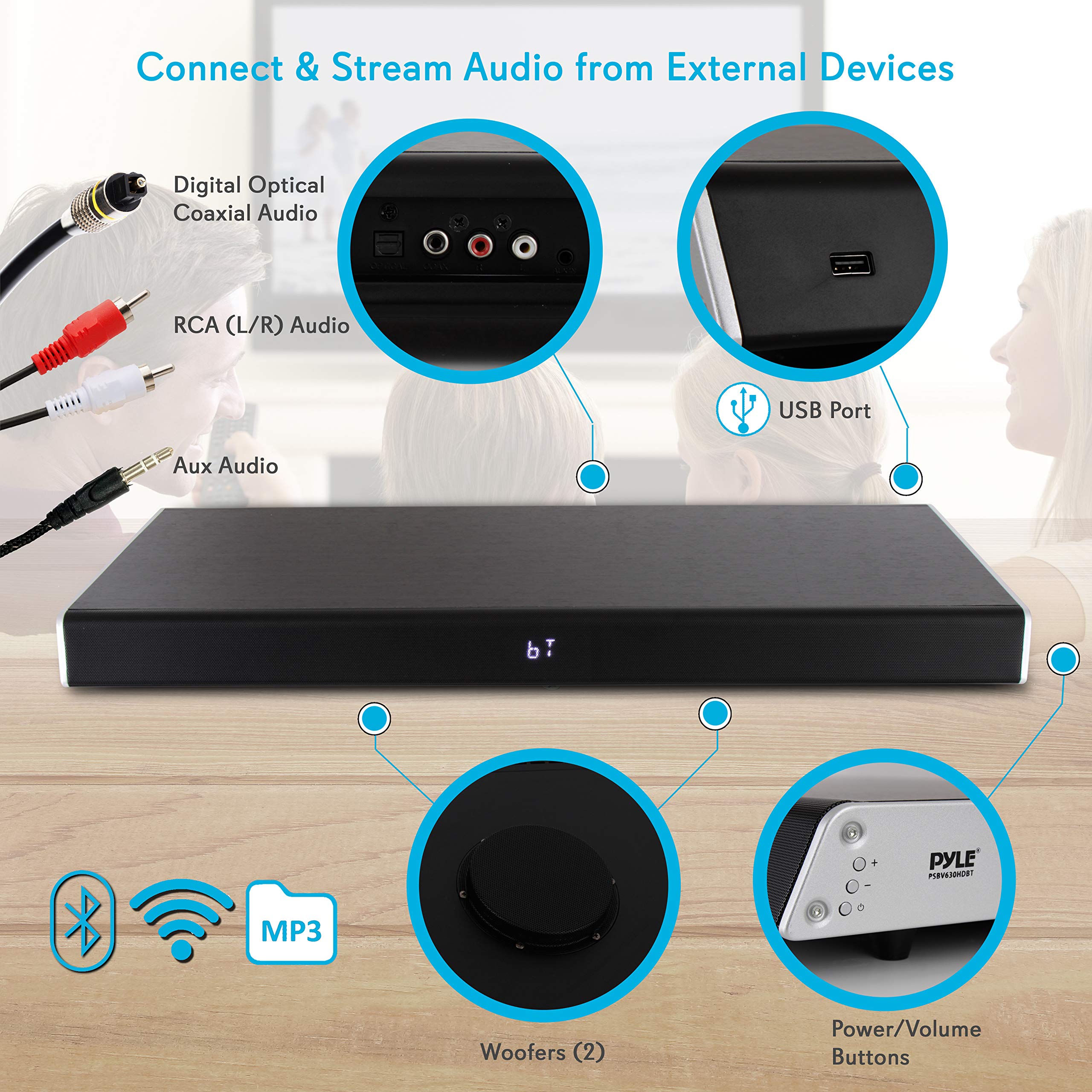 Pyle PSBV620BT 5.1 Surround Sound Bluetooth Soundbar for TV with Built-in Subwoofer - Wireless TV Sound Bar System with LCD Display, Optical Audio, RCA, AUX, USB & Coaxial Inputs - Perfect for Home Theater, Gaming & Movie Nights