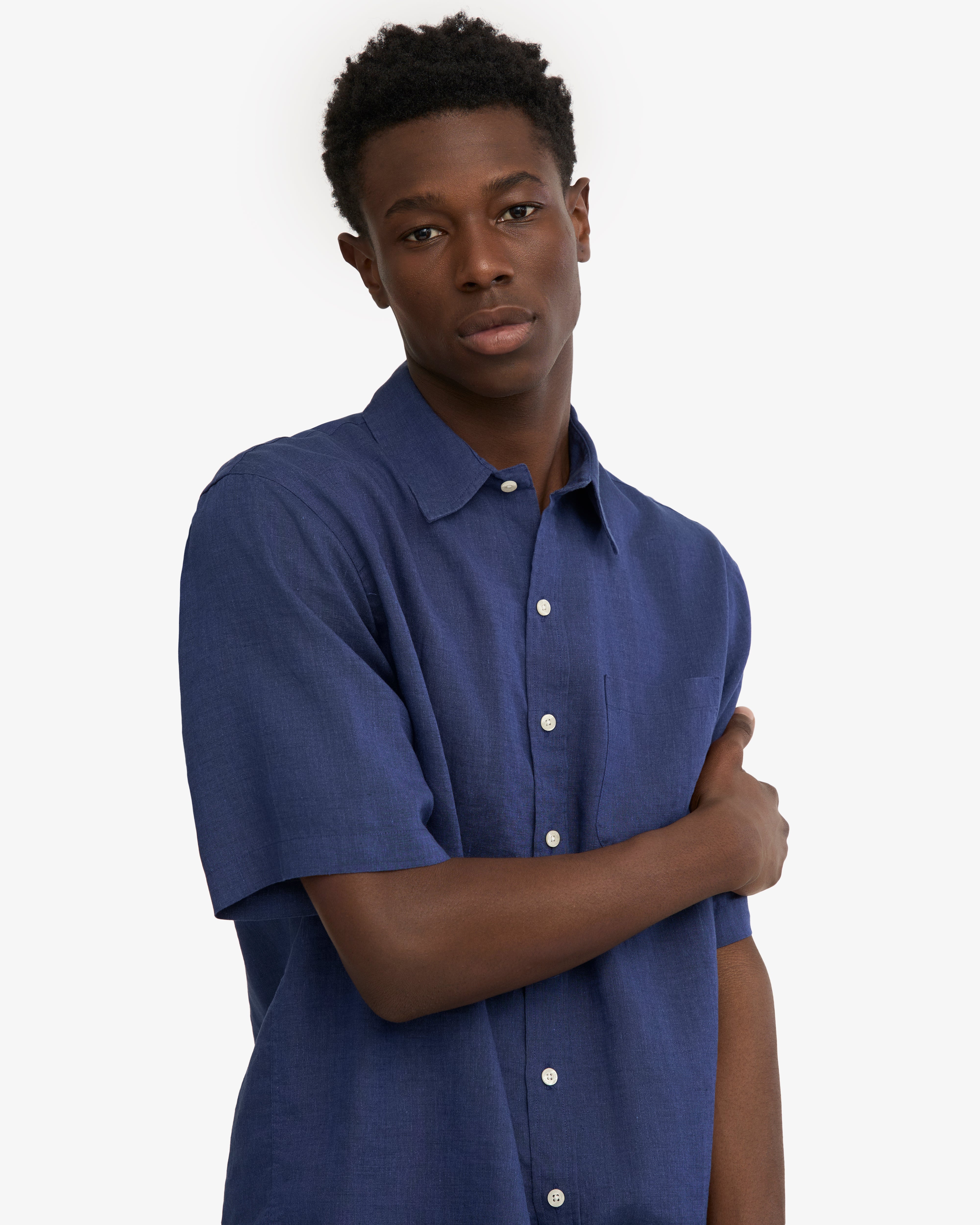 Premium Linen Short Sleeve Shirt for Men - Breathable Marine Blue Summer Casual Shirt | Perfect for Beach Outings, Vacation Wear & Relaxed Office Style