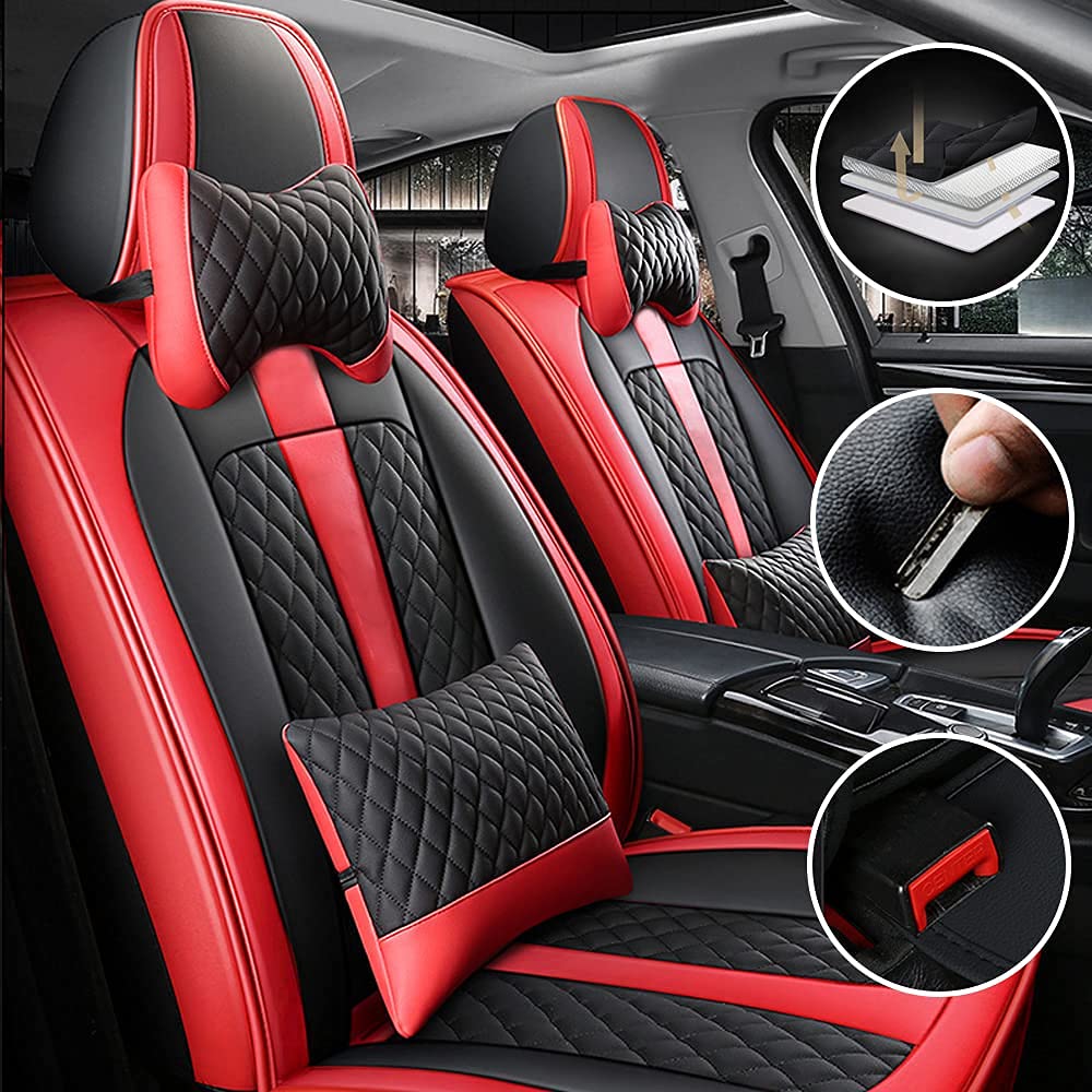 Premium PU Leather Universal Car Seat Covers - Luxury Front 2 Seats for Mini Cooper ONE/JCW/R52/Roadster (Black & Red) | Soft Comfortable Cushion Protection | Perfect for Daily Commute, Road Trips & Car Interior Upgrade