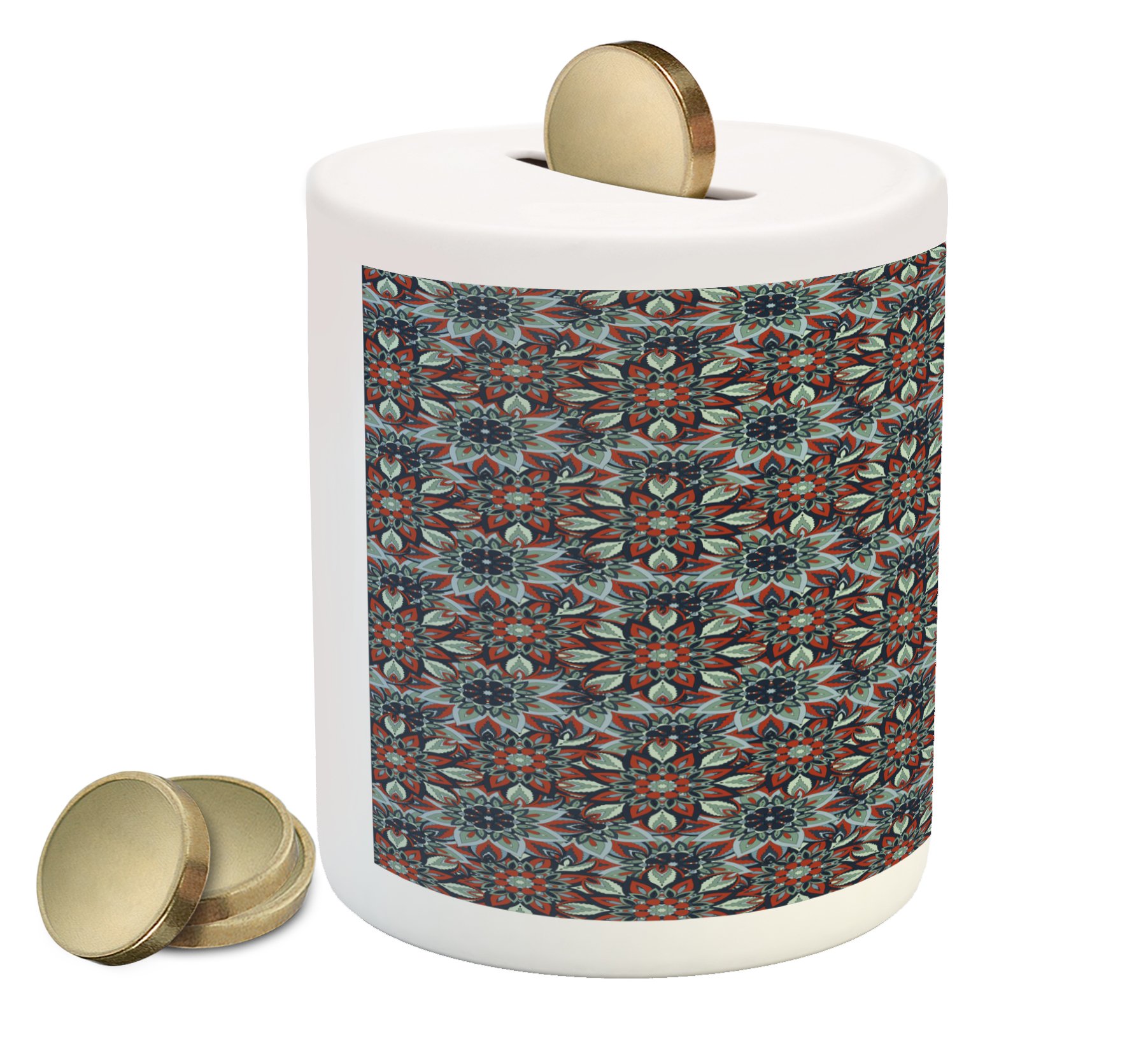 Ambesonne Vintage Floral Ceramic Piggy Bank - Folk Art Style Coin Money Box for Cash Savings - Perfect for Home Decor, Gift Giving & Financial Education for Kids