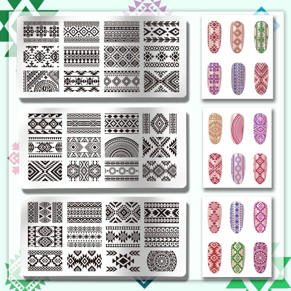3pcs Geometric Texture Nail Art Stamping Plates - 36 Unique Aztec, Tribal & Persian Patterns for DIY Nail Design - Professional Salon Quality Manicure Tools for Creative Nail Art & Home Beauty Care