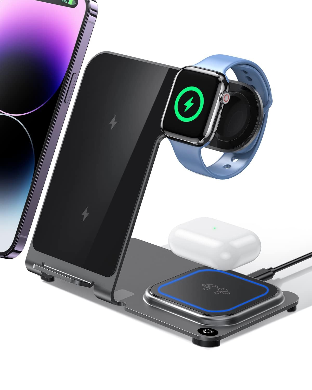 2024 Upgraded 3-in-1 Intoval Metal Wireless Charging Station - Fast Qi Charger for iPhone 16/15/14/13 Series, Apple Watch 10/9/8/Ultra, AirPods Pro 2/3/4 | Sleek Gray Design | Perfect for Bedside, Office & Travel Charging