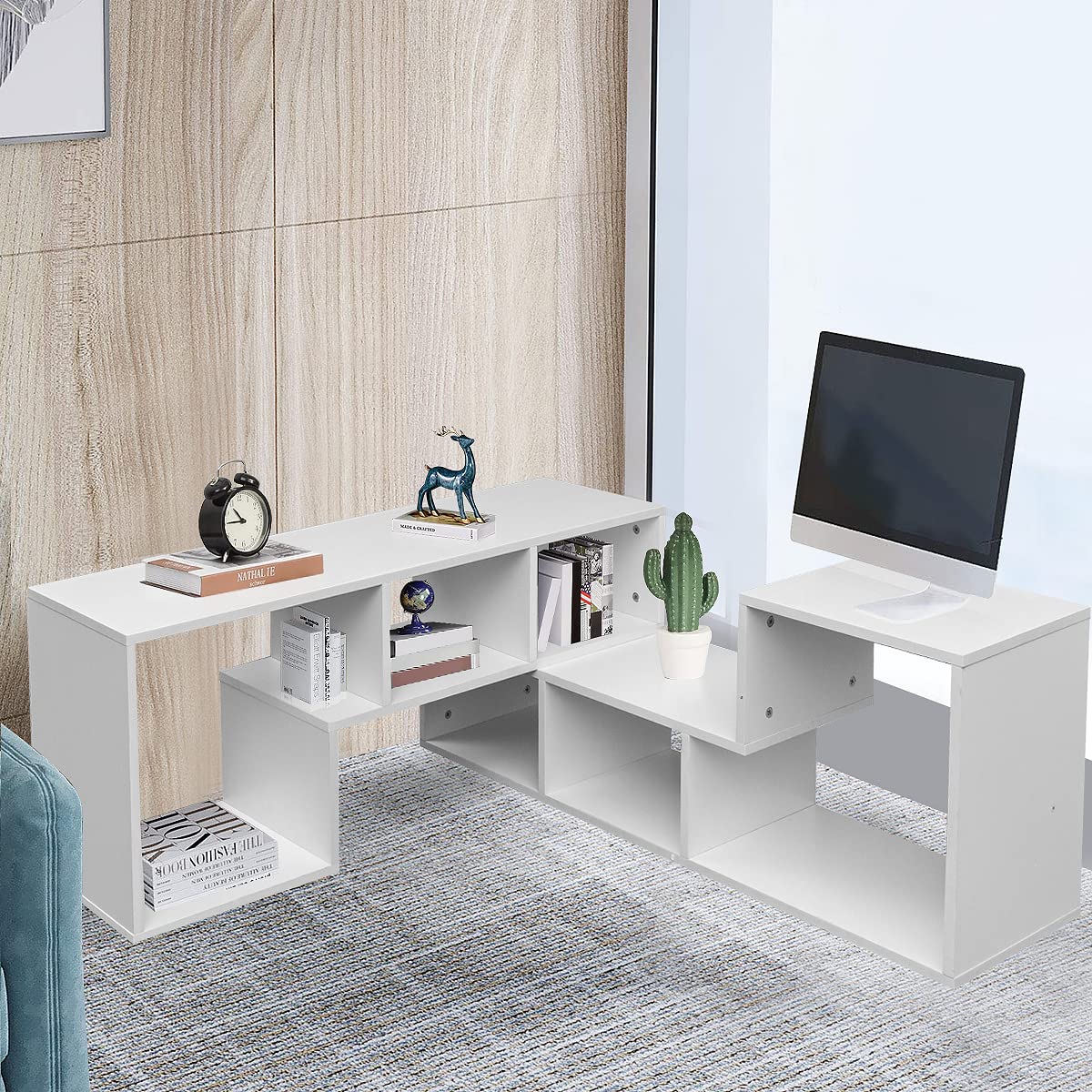 Recaceik Modern L-Shaped Cube Bookshelf - 2-Tier Bookcase & TV Stand with Open Storage Shelves for CDs, Movies, Books - Space-Saving Entertainment Center for Living Room, Bedroom, Home Office (Perfect for Small Spaces & Media Organization)
