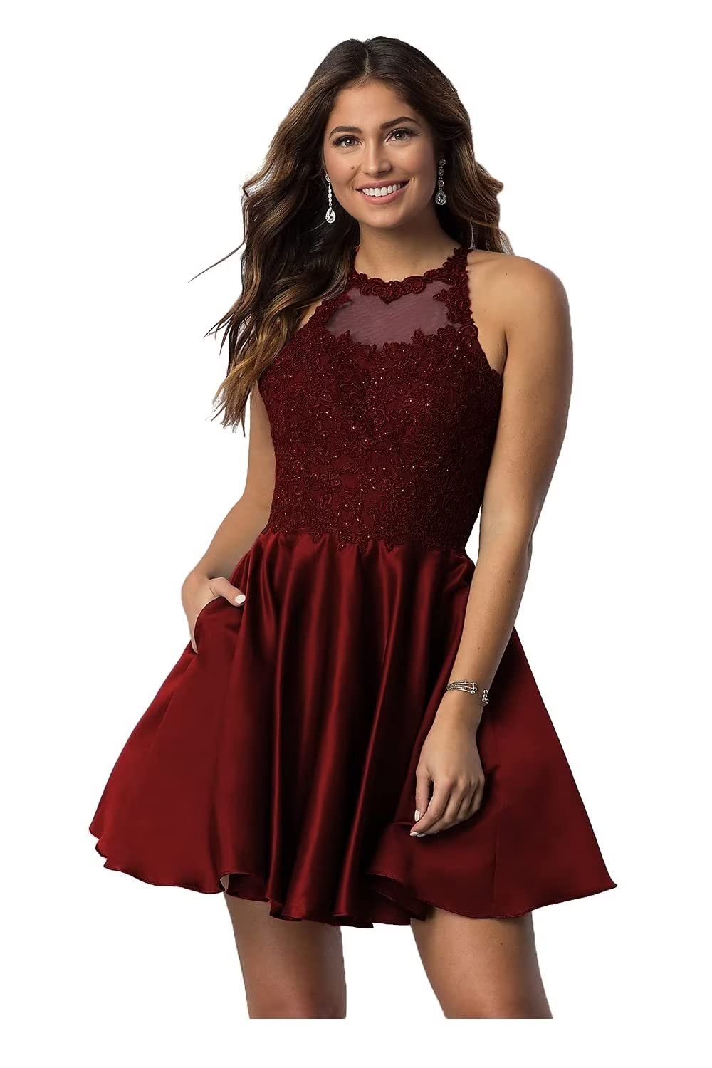 Elegant Short Lace Applique Homecoming Dress with Pockets | Halter Prom Dress for Teens | 2022 Satin Cocktail Party Dress | Perfect for School Dances, Formal Events & Special Occasions