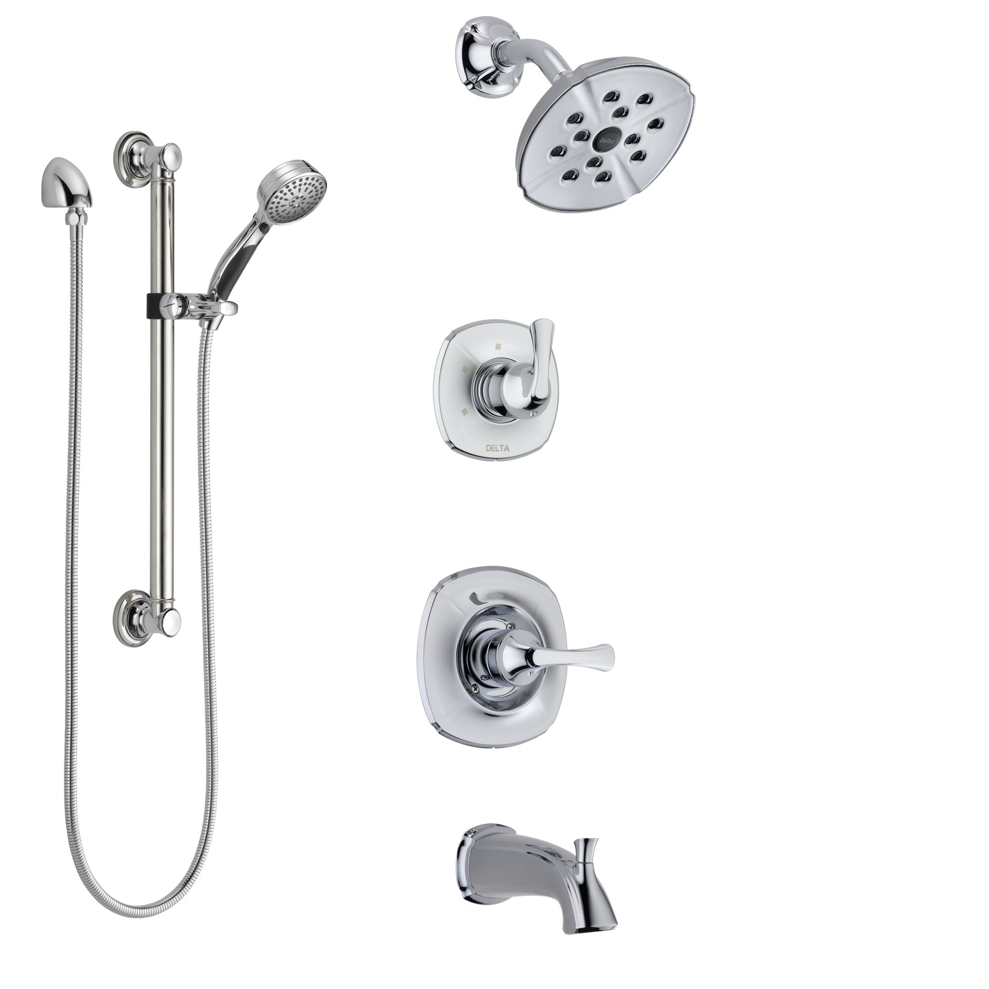 Delta Addison Chrome Finish Tub and Shower System - 3-Function Diverter, Adjustable Showerhead & Handheld Shower with Grab Bar (Model SS144923) - Perfect for Modern Bathroom Renovations and Accessible Shower Installations