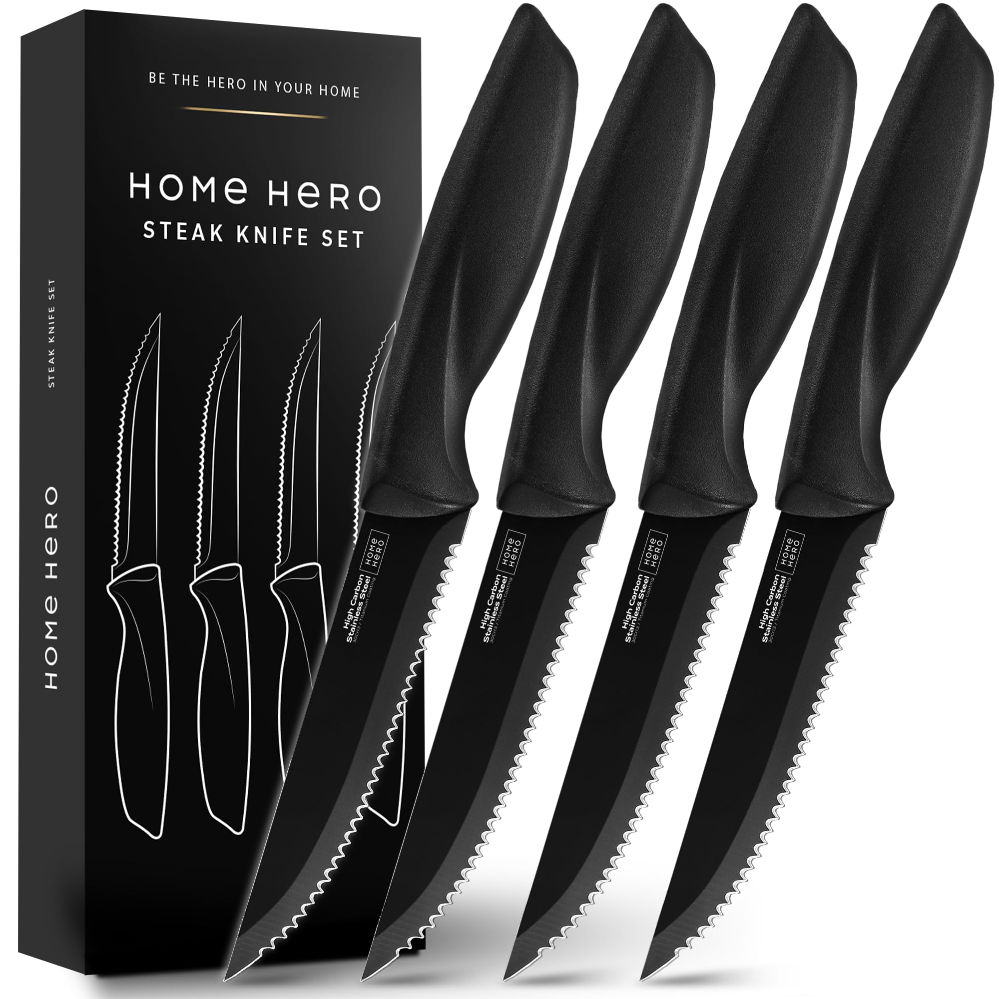 Premium Steak Knives Set - 4-Piece High-Carbon Stainless Steel Serrated Knives with Ergonomic Handles - Ultra Sharp Kitchen Knives for Steak, Meat & BBQ - Perfect for Dinner Parties & Outdoor Grilling