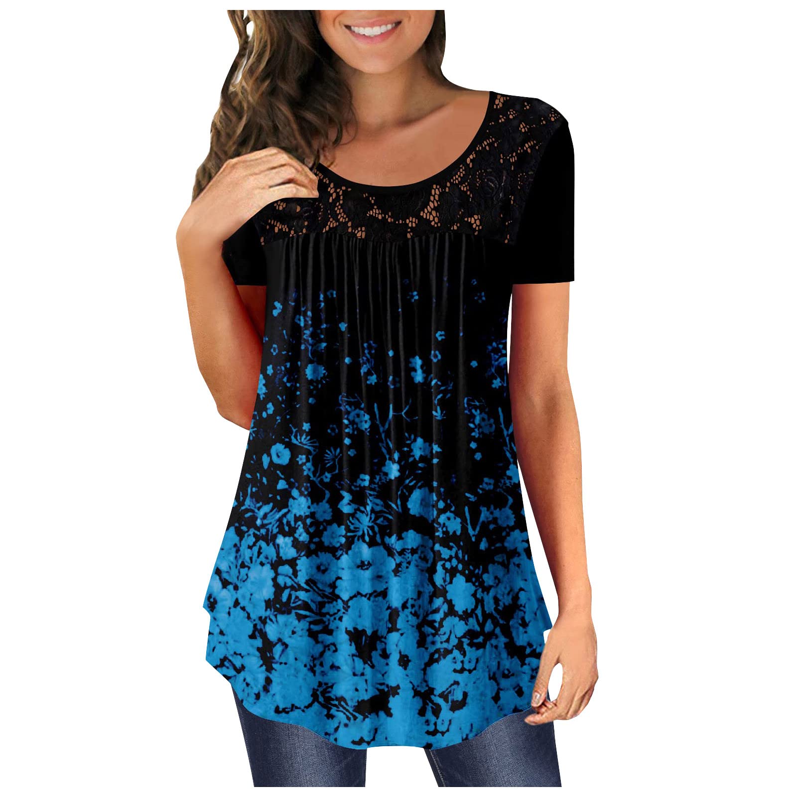 Women's Print Peplum Thin Fit Short Sleeve T-Shirt - Soft Crew Neck Mesh Top for Festival, Work & Casual Wear | Flattering Ladies Tee for Summer Outfits