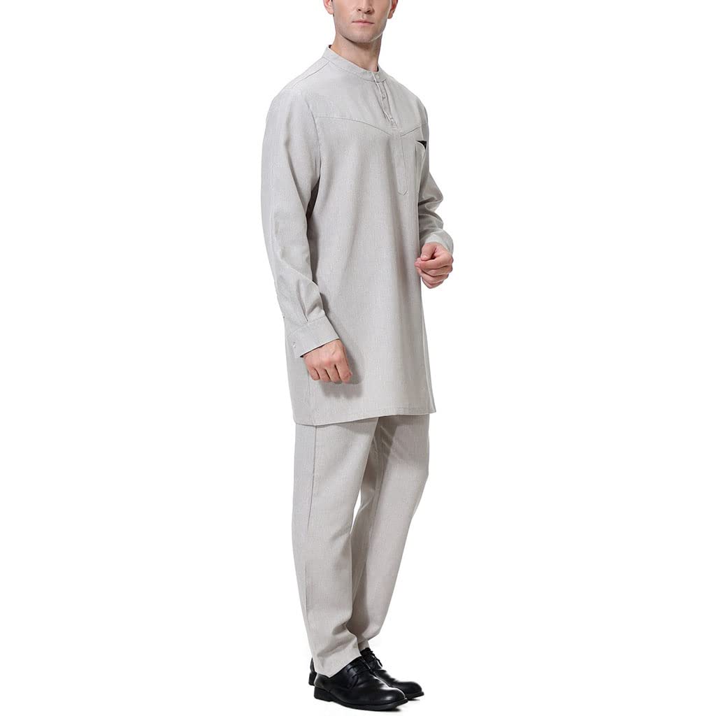 Islamic Muslim Men's 2-Piece Suit - Stand Collar T-Shirt & Pants for Eid, Ramadan & Middle Eastern Fashion | Modest Islamic Clothing for Prayer, Mosque & Special Occasions