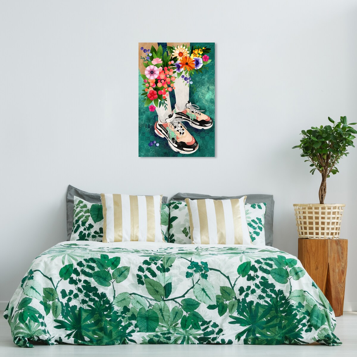 Stylish Floral Sneakers & Socks Set - Modern Green Canvas Wall Art Print for Bedroom Decor | Trendy Outfit Combo for Women, Fashionable Home & Office Wear