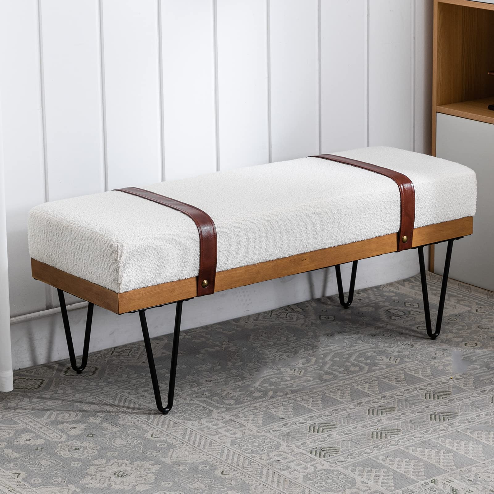 Modern Rectangle Ottoman Bench with PU Strap & Metal Legs - Mid Century Sherpa Footstool, Entryway Shoe Bench for Bedroom, Dining & Living Room - White | Perfect for Small Spaces, Entryway Seating & Extra Storage