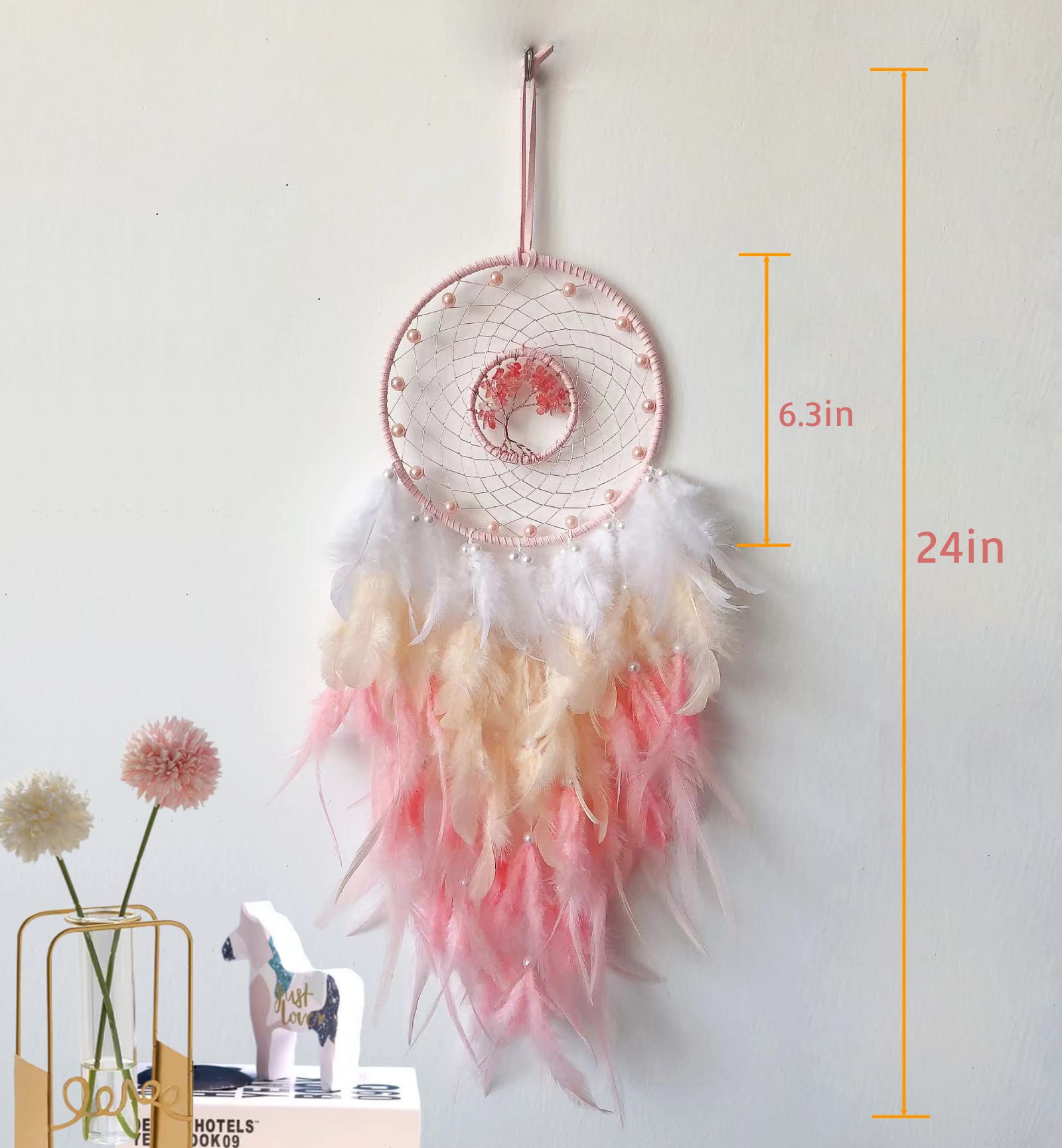 Pink Tree of Life Crystal Dream Catcher - Handmade Boho Wall Hanging for Girls & Boys Room Decor | Spiritual Protection & Positive Energy | Perfect for Bedroom, Nursery, Dorm & Meditation Space